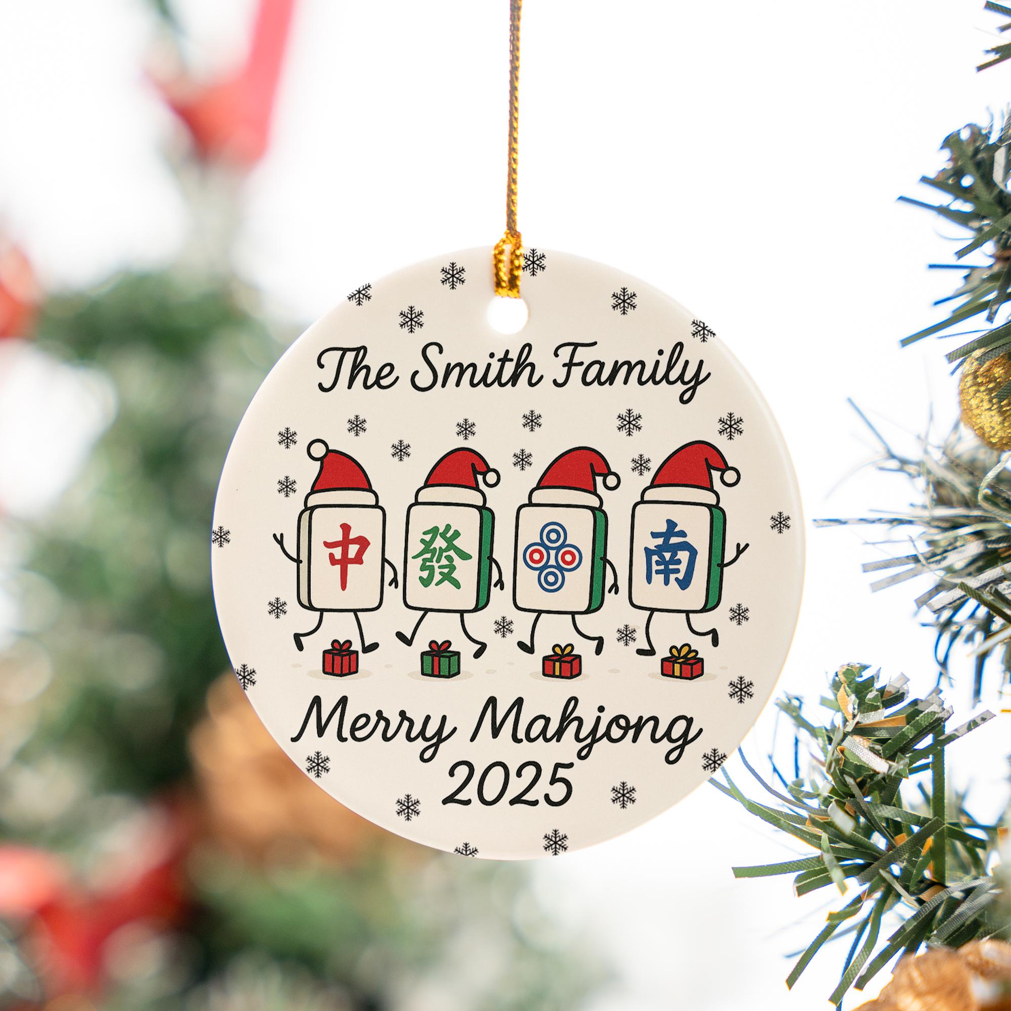 Personalized Mahjong Tile Ornament — Family Name, Year, Snowflake Design