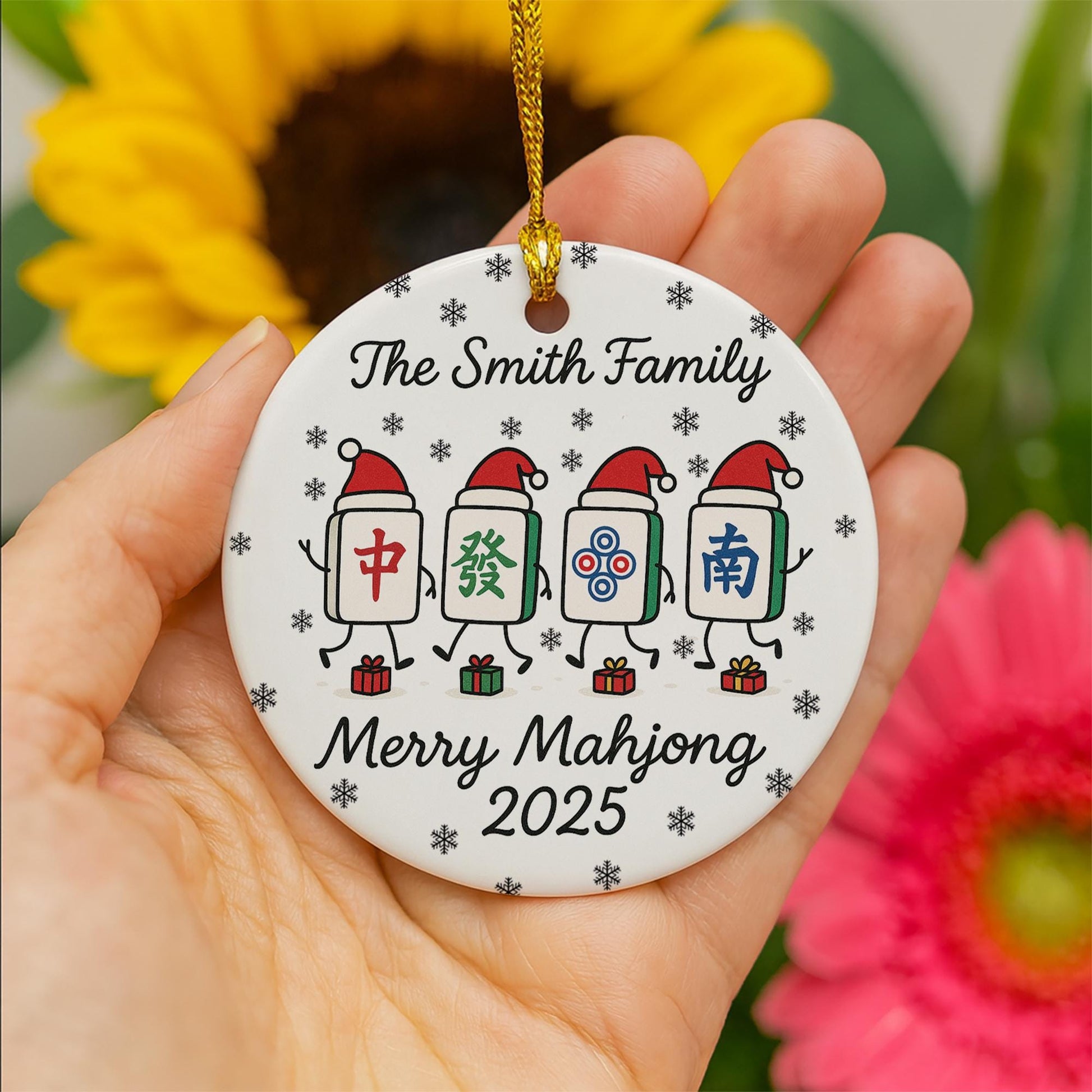 Personalized Mahjong Tile Ornament — Family Name, Year, Snowflake Design