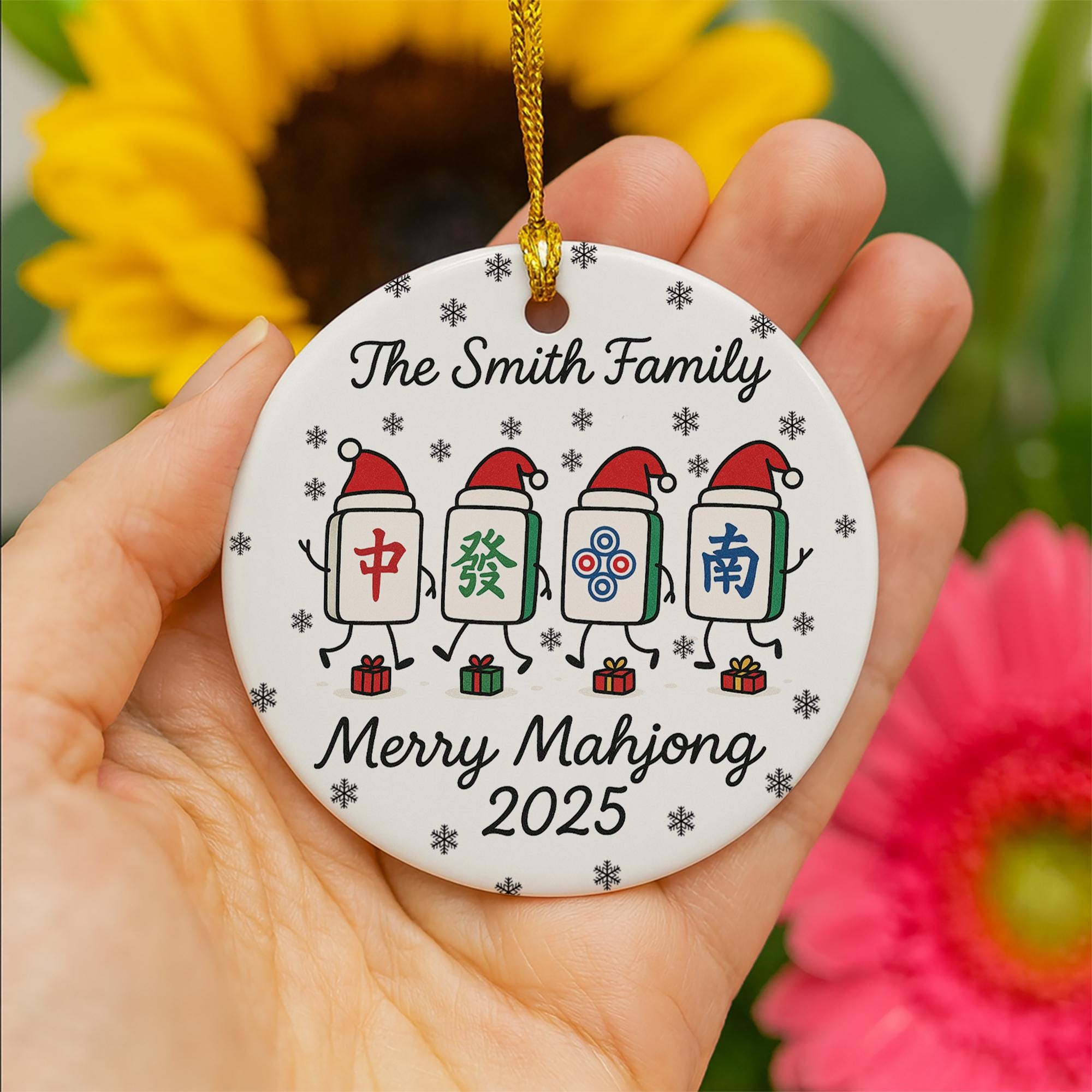 Personalized Mahjong Tile Ornament — Family Name, Year, Snowflake Design