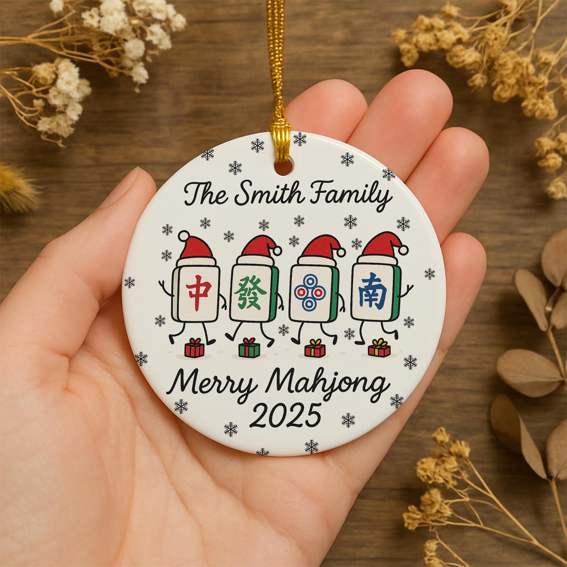 Personalized Mahjong Tile Ornament — Family Name, Year, Snowflake Design
