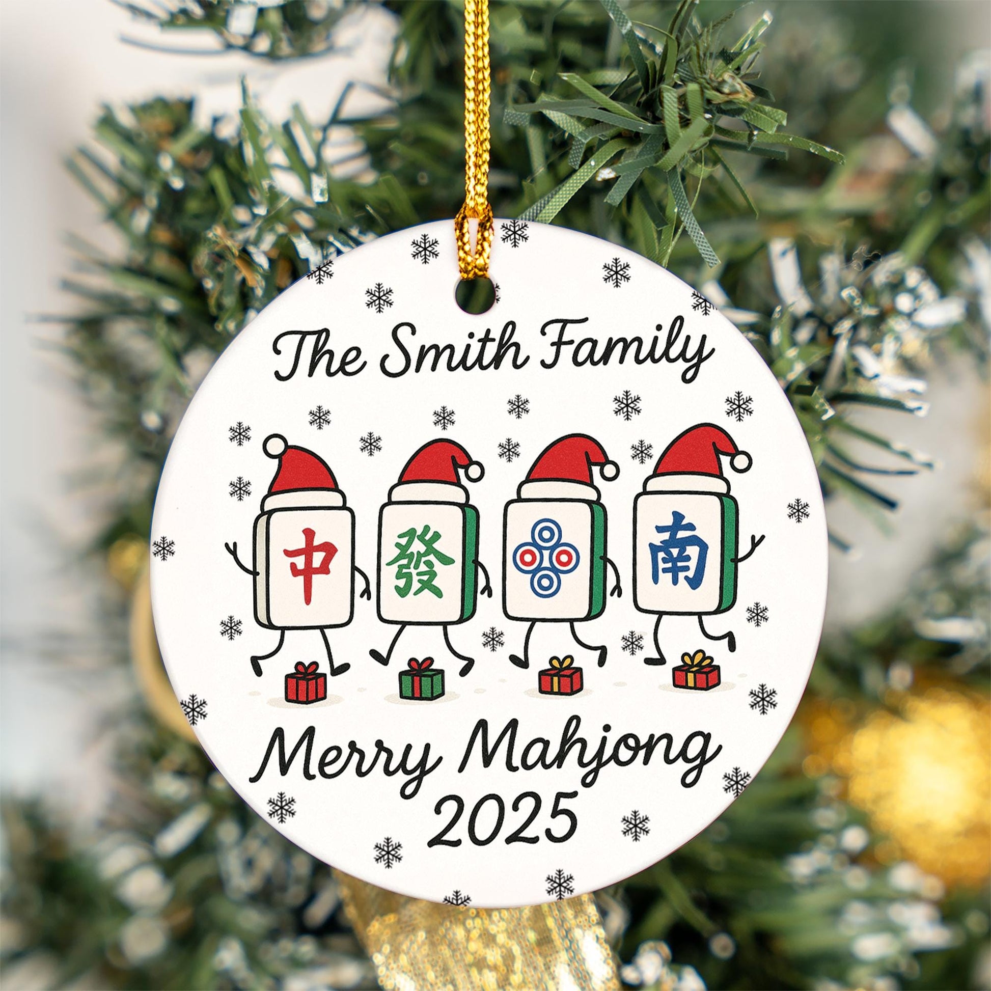 Personalized Mahjong Tile Ornament — Family Name, Year, Snowflake Design