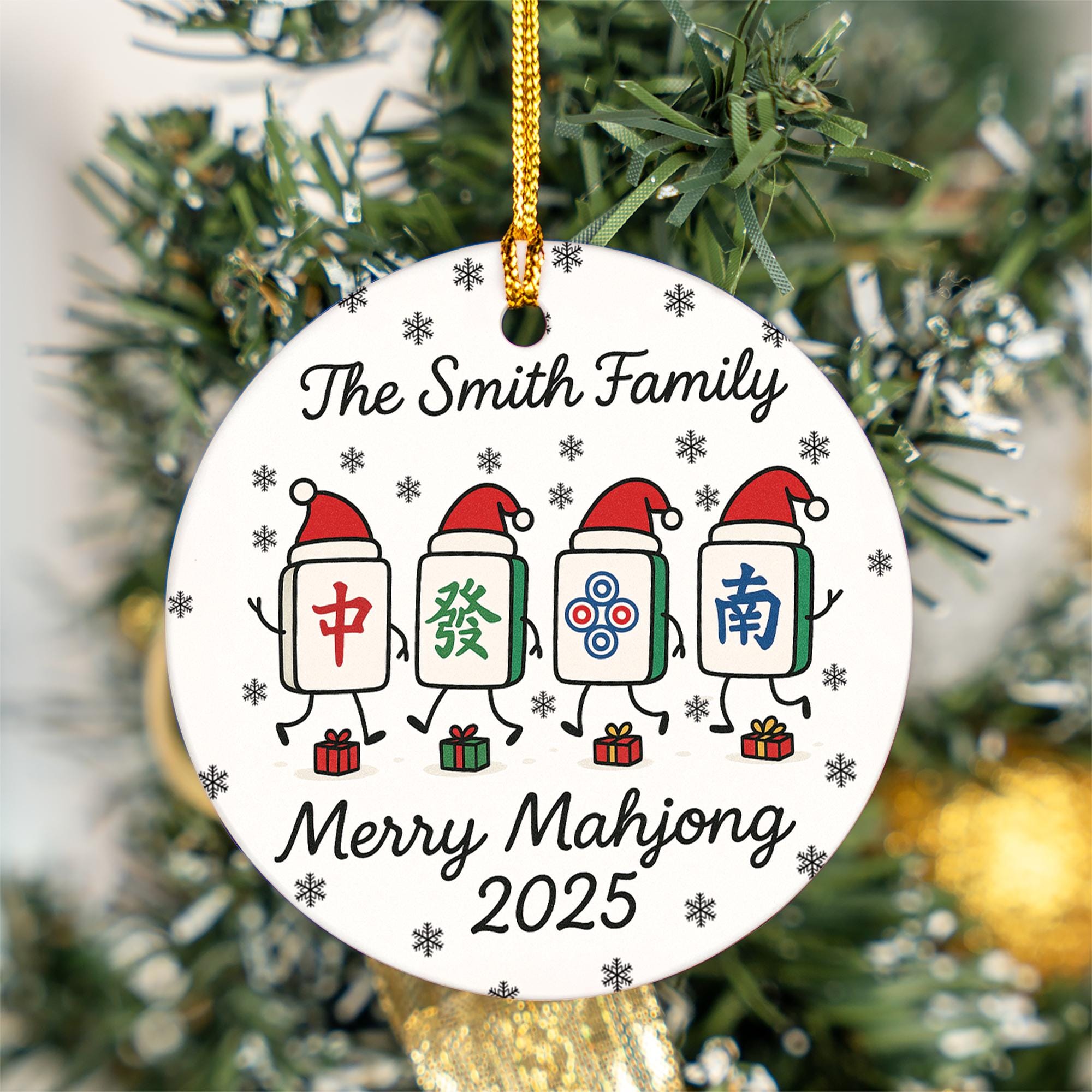Personalized Mahjong Tile Ornament — Family Name, Year, Snowflake Design