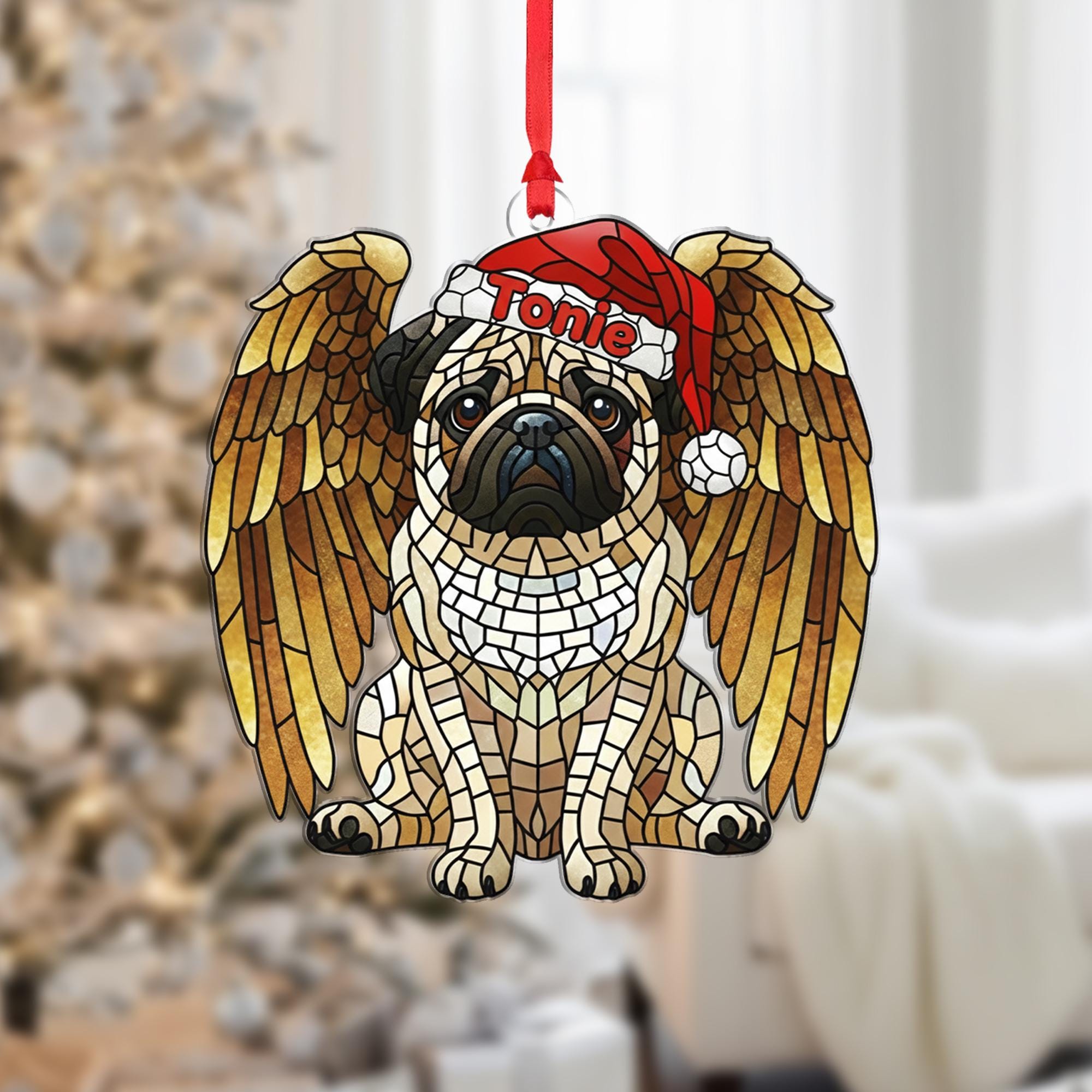 Personalized Pug Angel Wings Mosaic Christmas Ornament — Hanging Pet Memorial Decoration