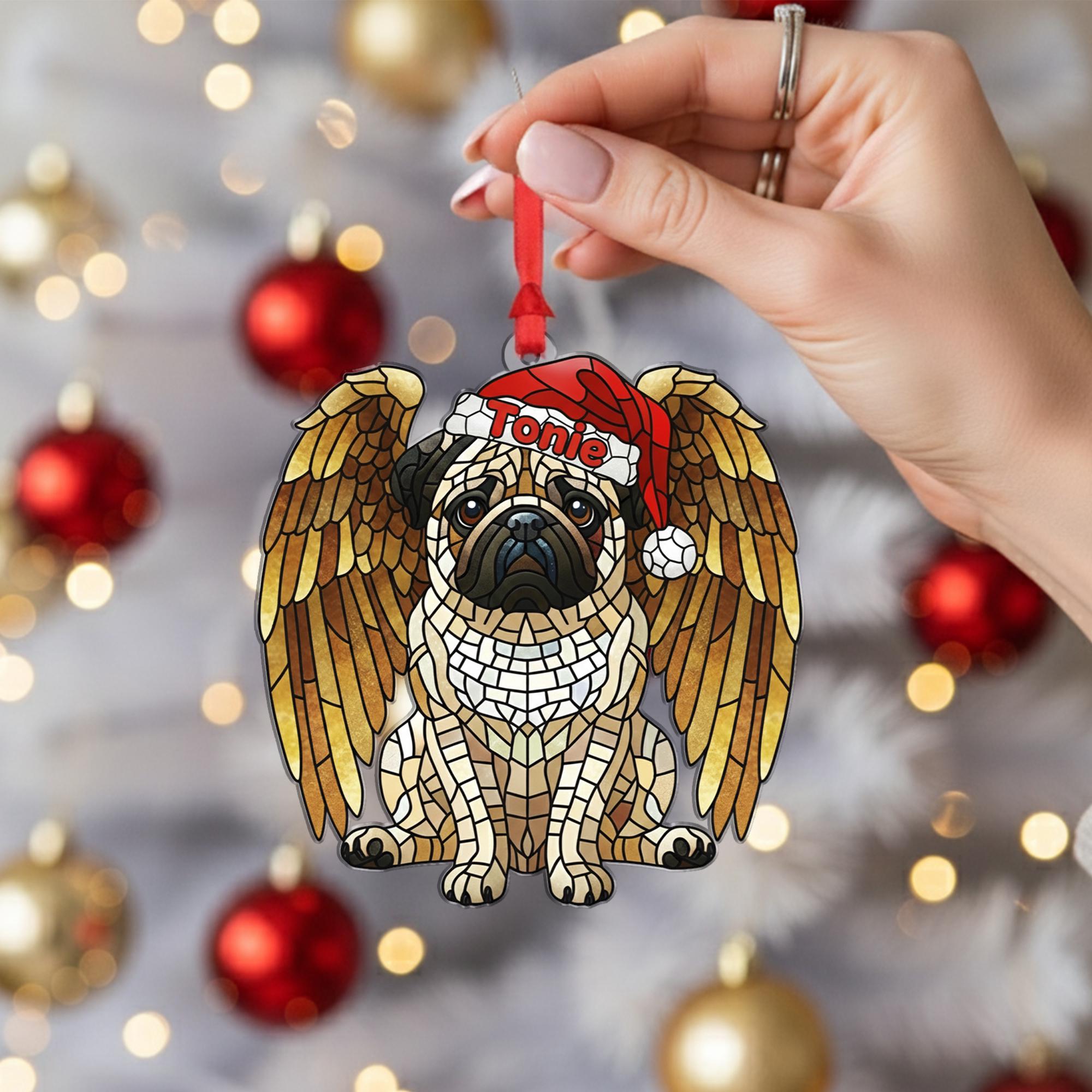 Personalized Pug Angel Wings Mosaic Christmas Ornament — Hanging Pet Memorial Decoration