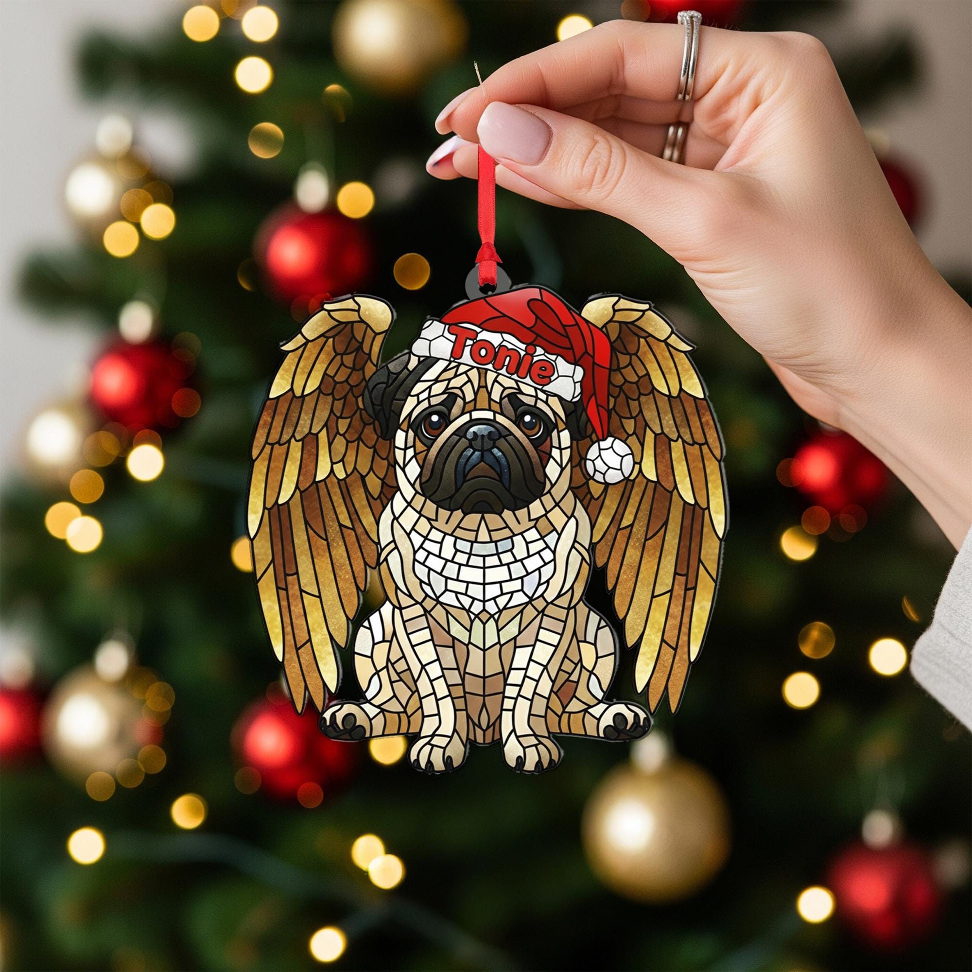 Personalized Pug Angel Wings Mosaic Christmas Ornament — Hanging Pet Memorial Decoration