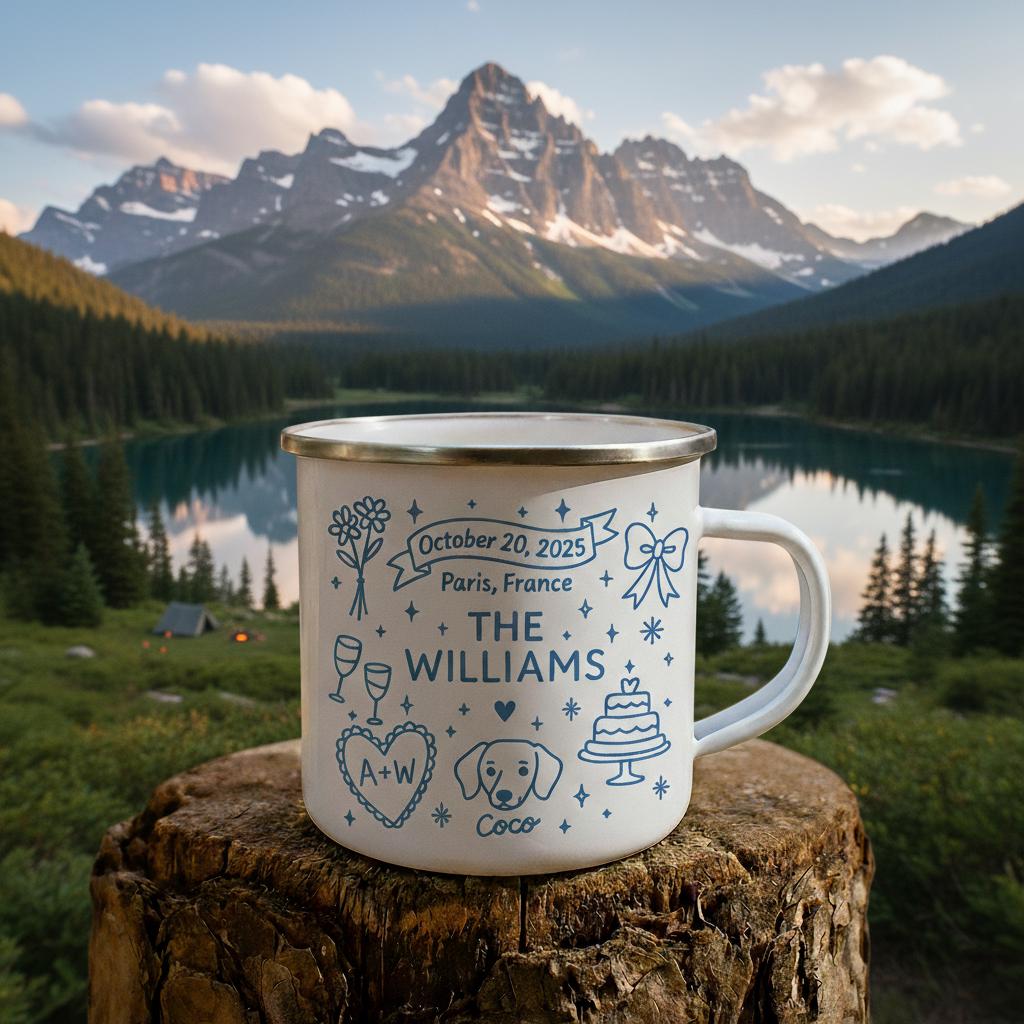 Custom Enamel Mug Personalized Camping Cup Wedding Date Travel Drinkware