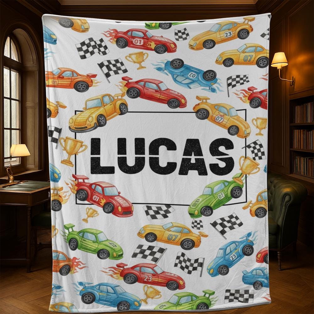 Custom Race Car Fleece Blanket, Personalized Kids Name Throw, Colorful Vehicle Print Bedding