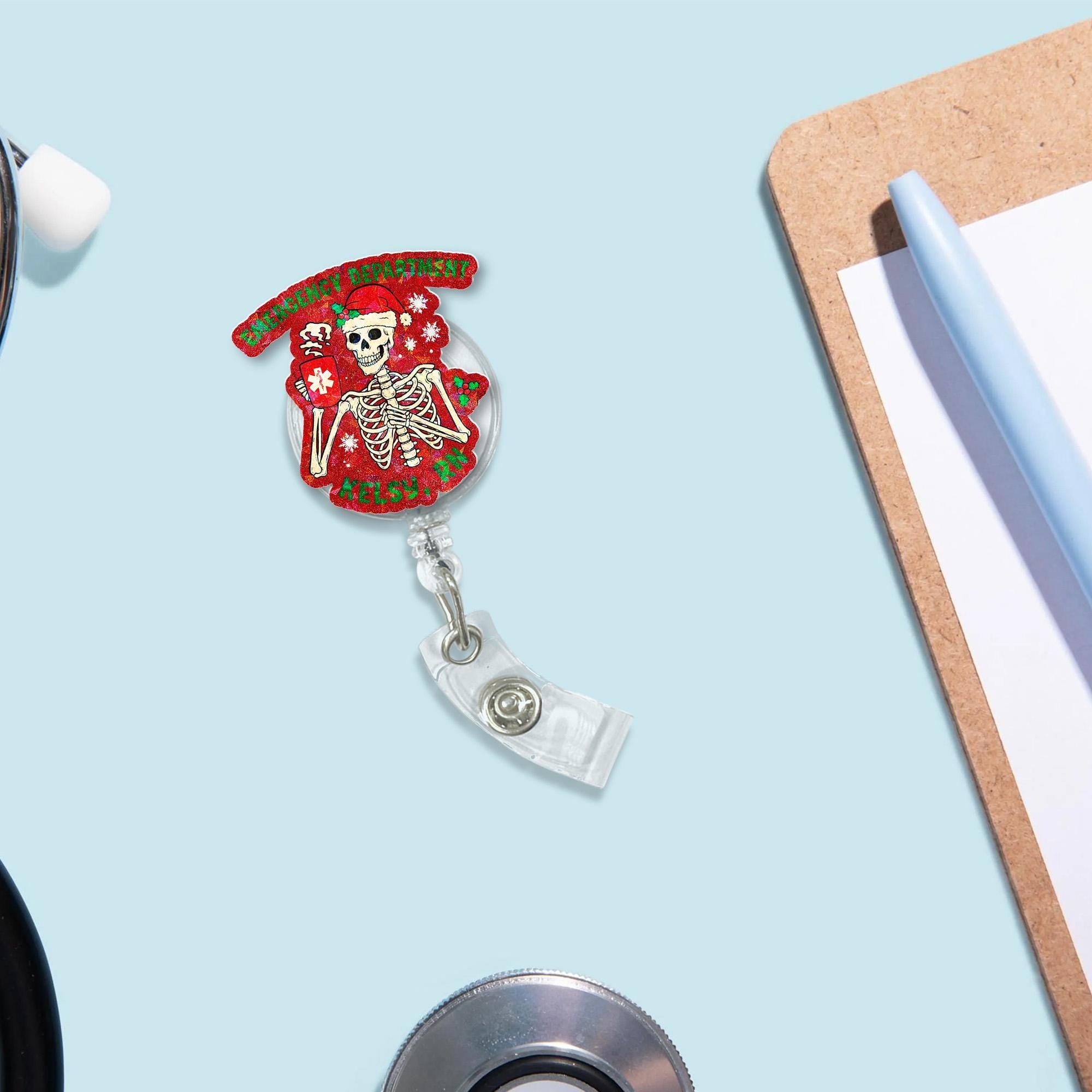 Personalized Skeleton Holiday Badge Reel | Emergency Dept Christmas ID Holder