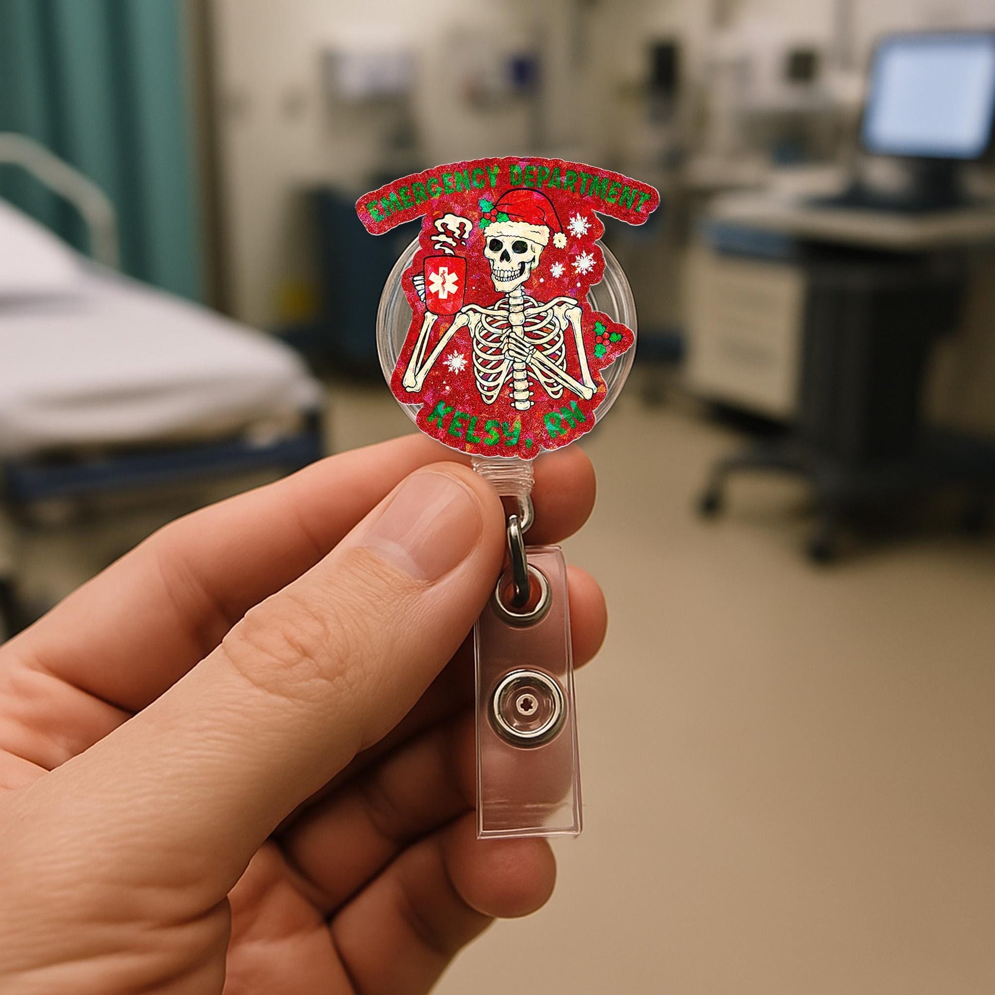 Personalized Skeleton Holiday Badge Reel | Emergency Dept Christmas ID Holder