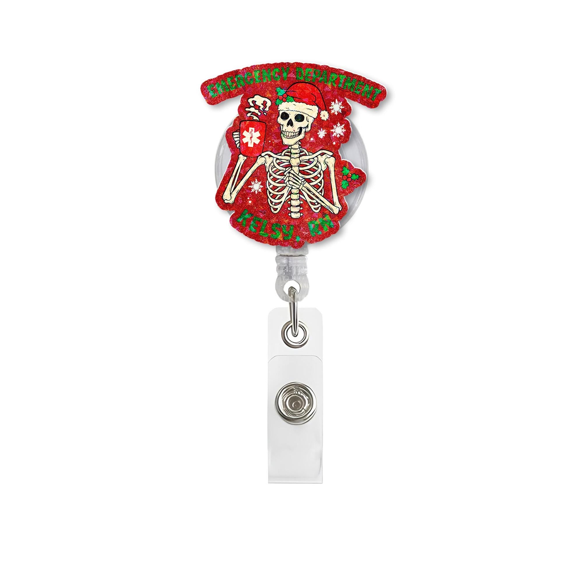 Personalized Skeleton Holiday Badge Reel | Emergency Dept Christmas ID Holder