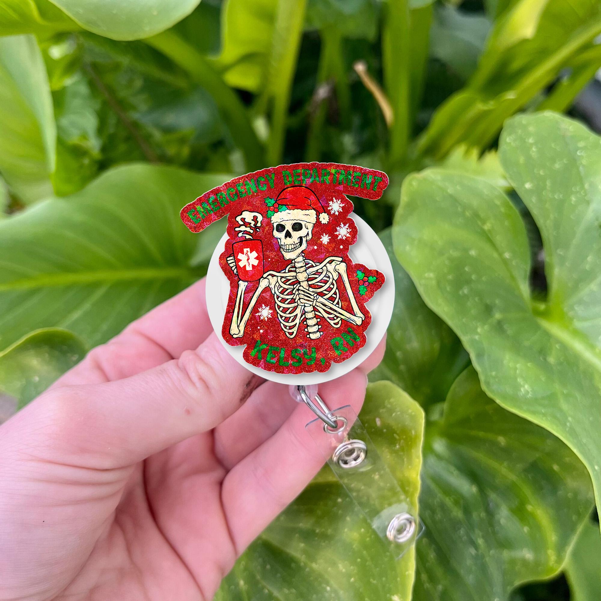 Personalized Skeleton Holiday Badge Reel | Emergency Dept Christmas ID Holder