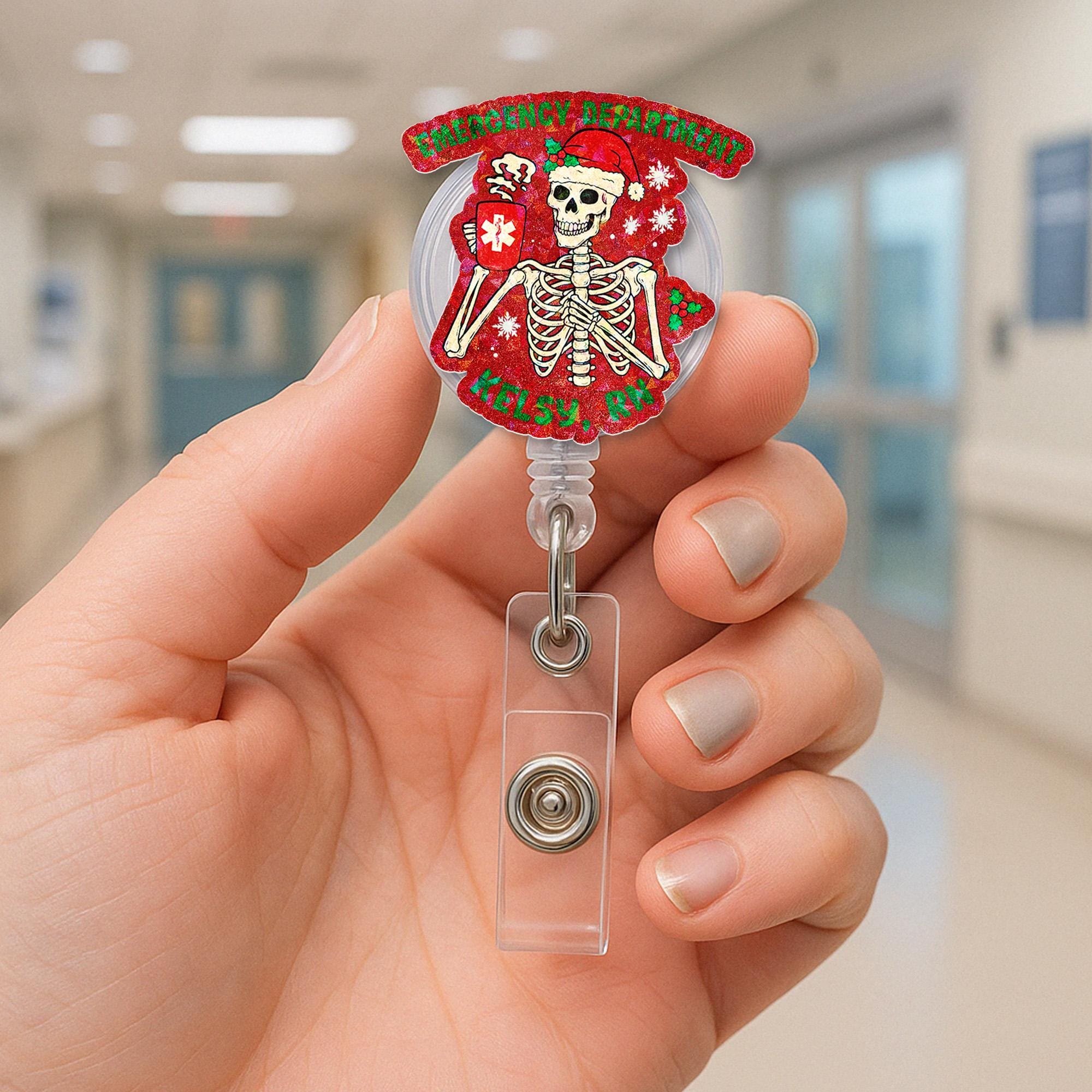 Personalized Skeleton Holiday Badge Reel | Emergency Dept Christmas ID Holder