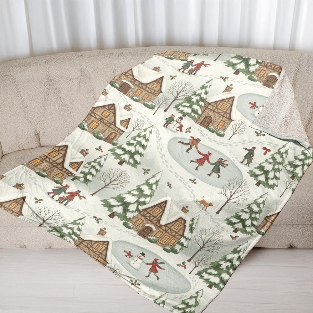 Cozy Winter Cottage Blanket – Snowy Village Scene Throw, Home Decor, Christmas Gift