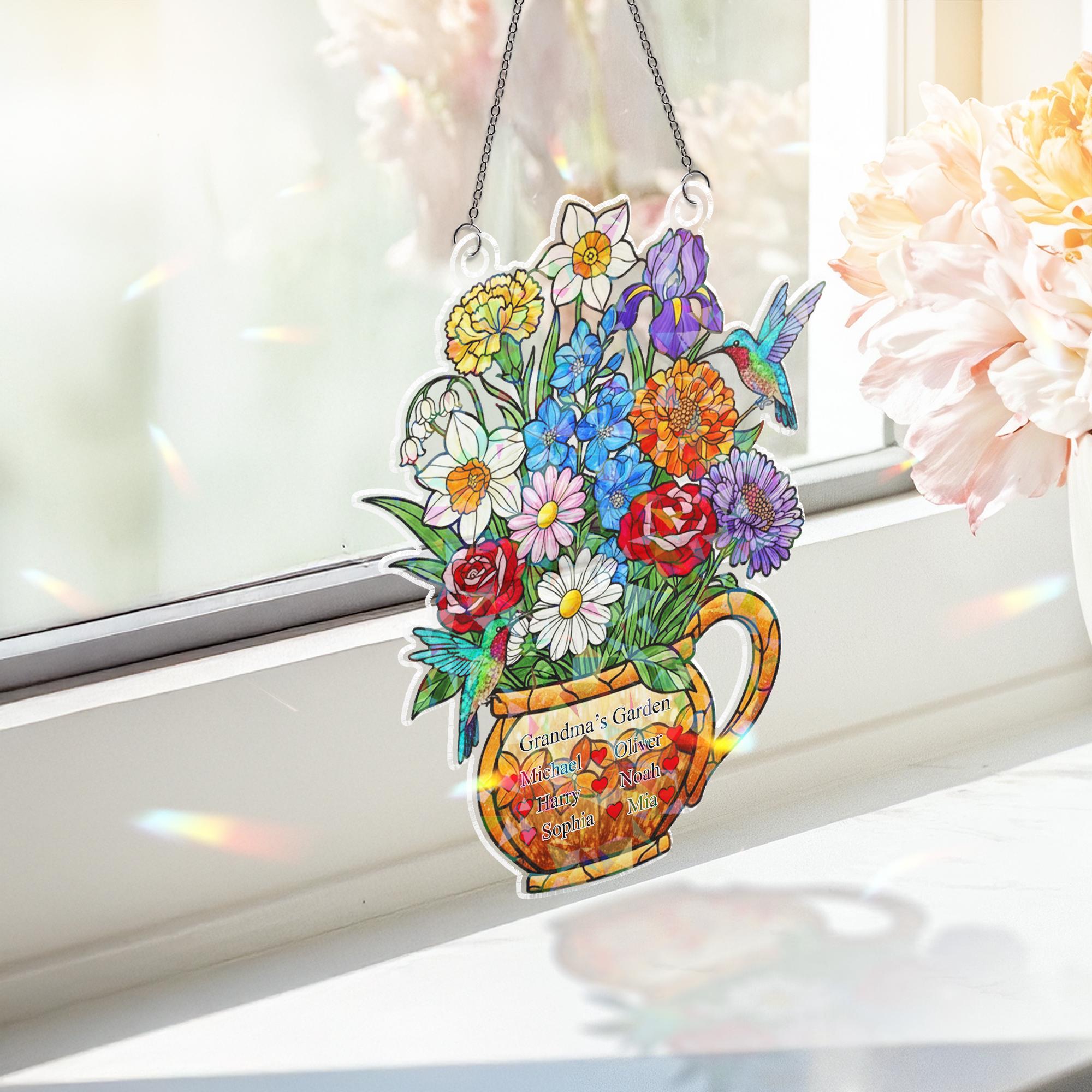Custom Birth Flower Acrylic Window Hanging Holographic Family Garden Decor