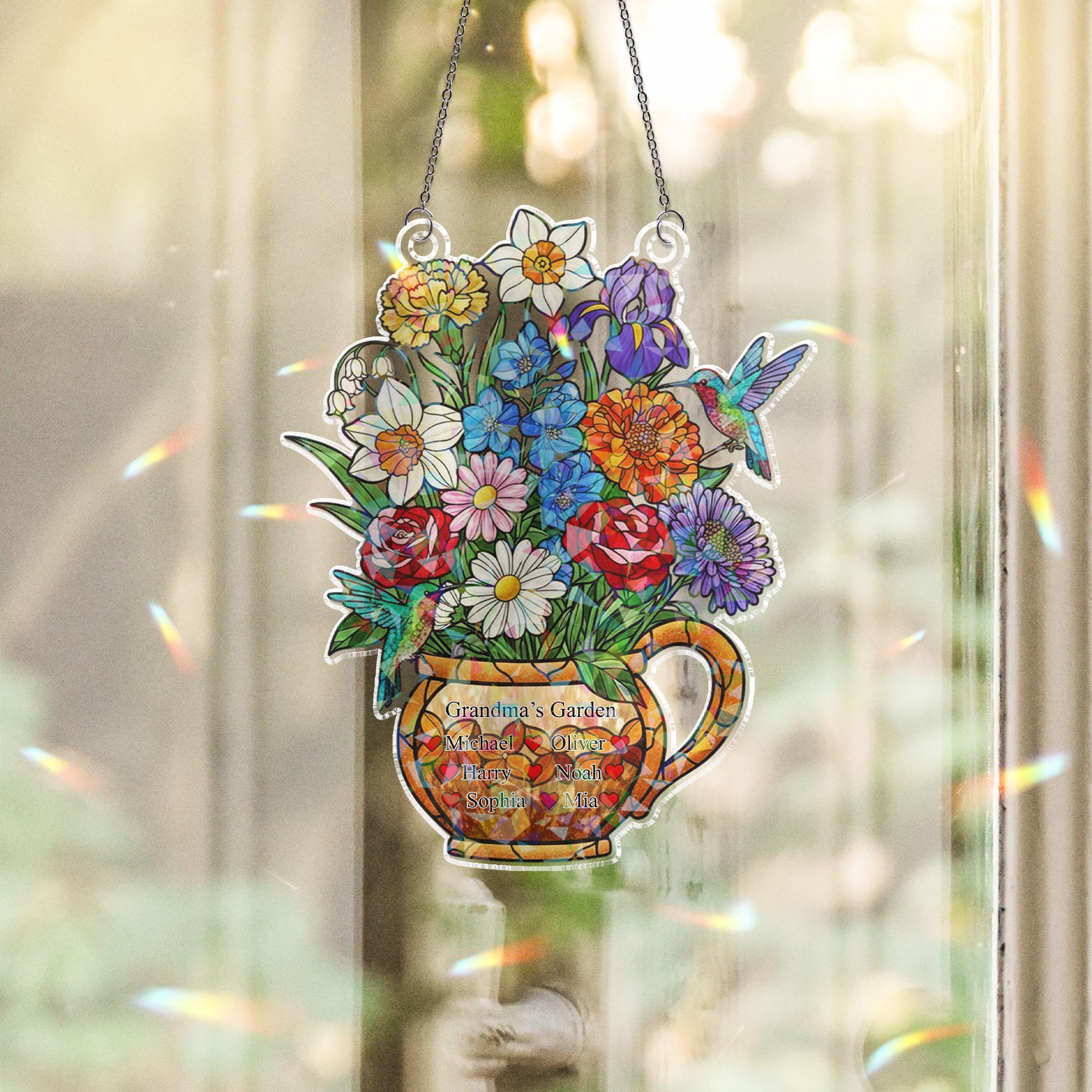 Custom Birth Flower Acrylic Window Hanging Holographic Family Garden Decor