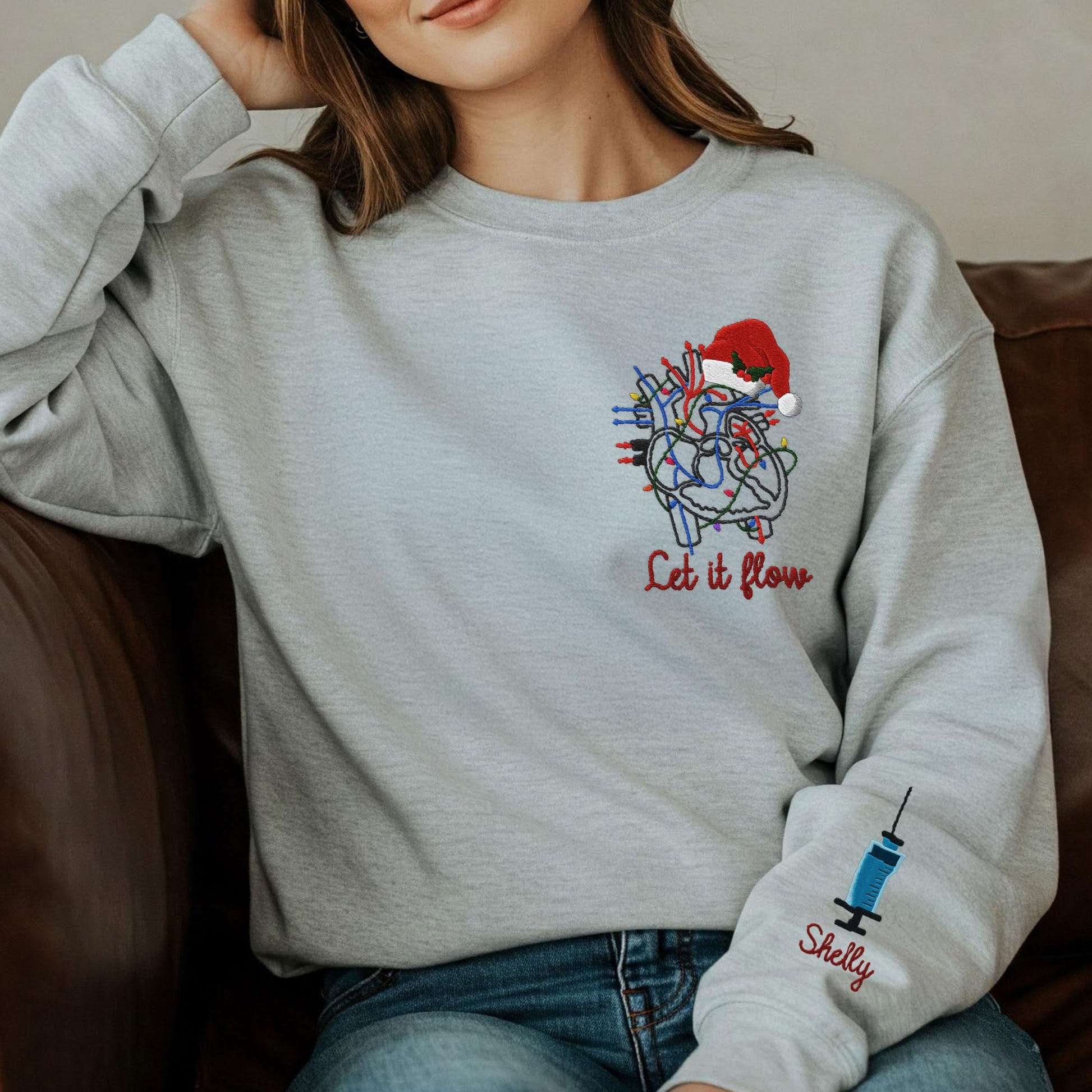 Embroidered Heart Anatomy Nurse Sweatshirt: Medical Christmas Pullover