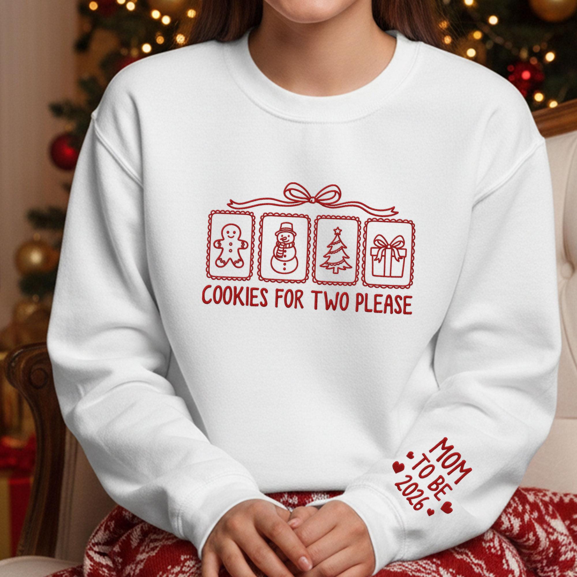 Pregnancy Sweatshirt: Cookies for Two Embroidered Pullover, Mom-to-Be 2026 Maternity Holiday Apparel
