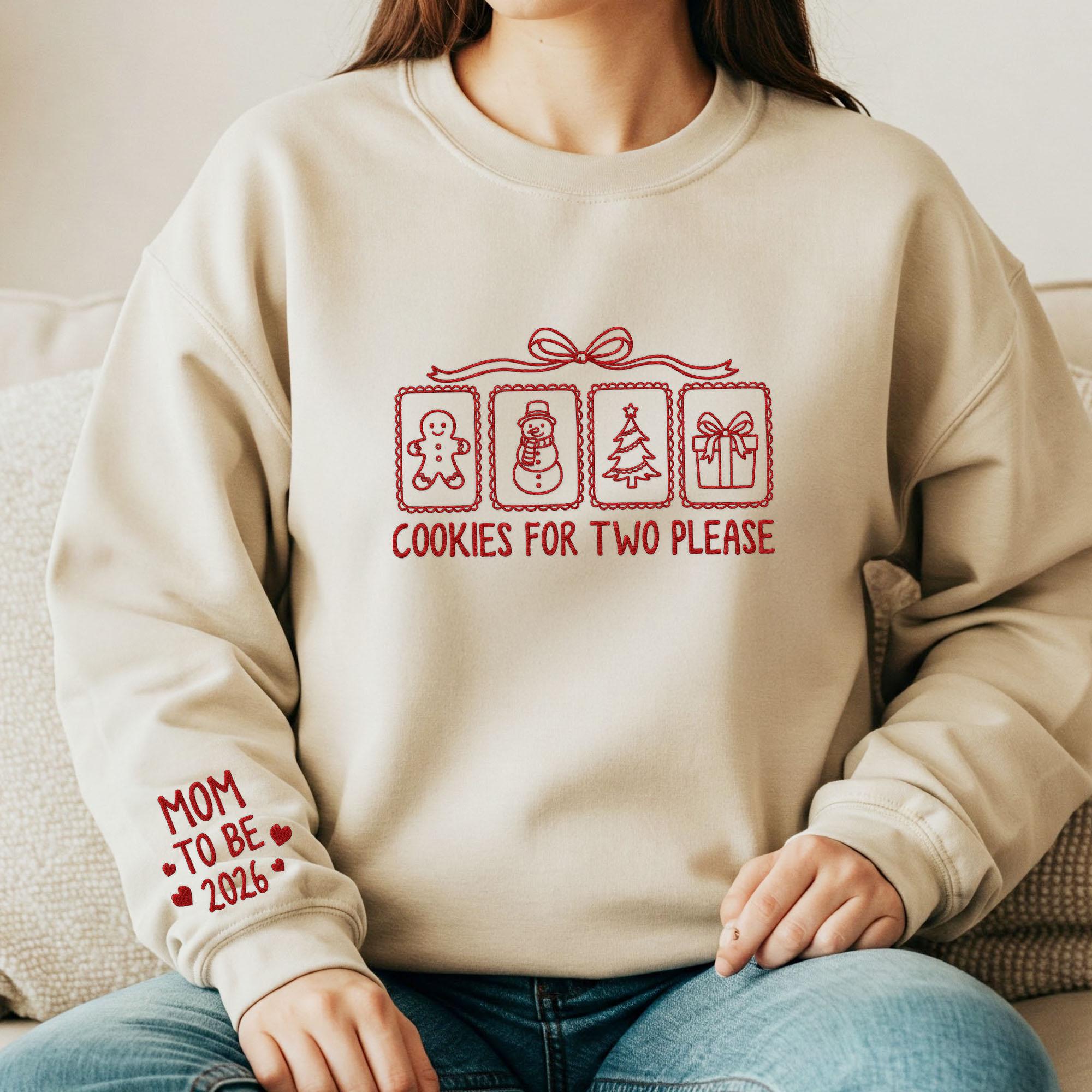 Pregnancy Sweatshirt: Cookies for Two Embroidered Pullover, Mom-to-Be 2026 Maternity Holiday Apparel