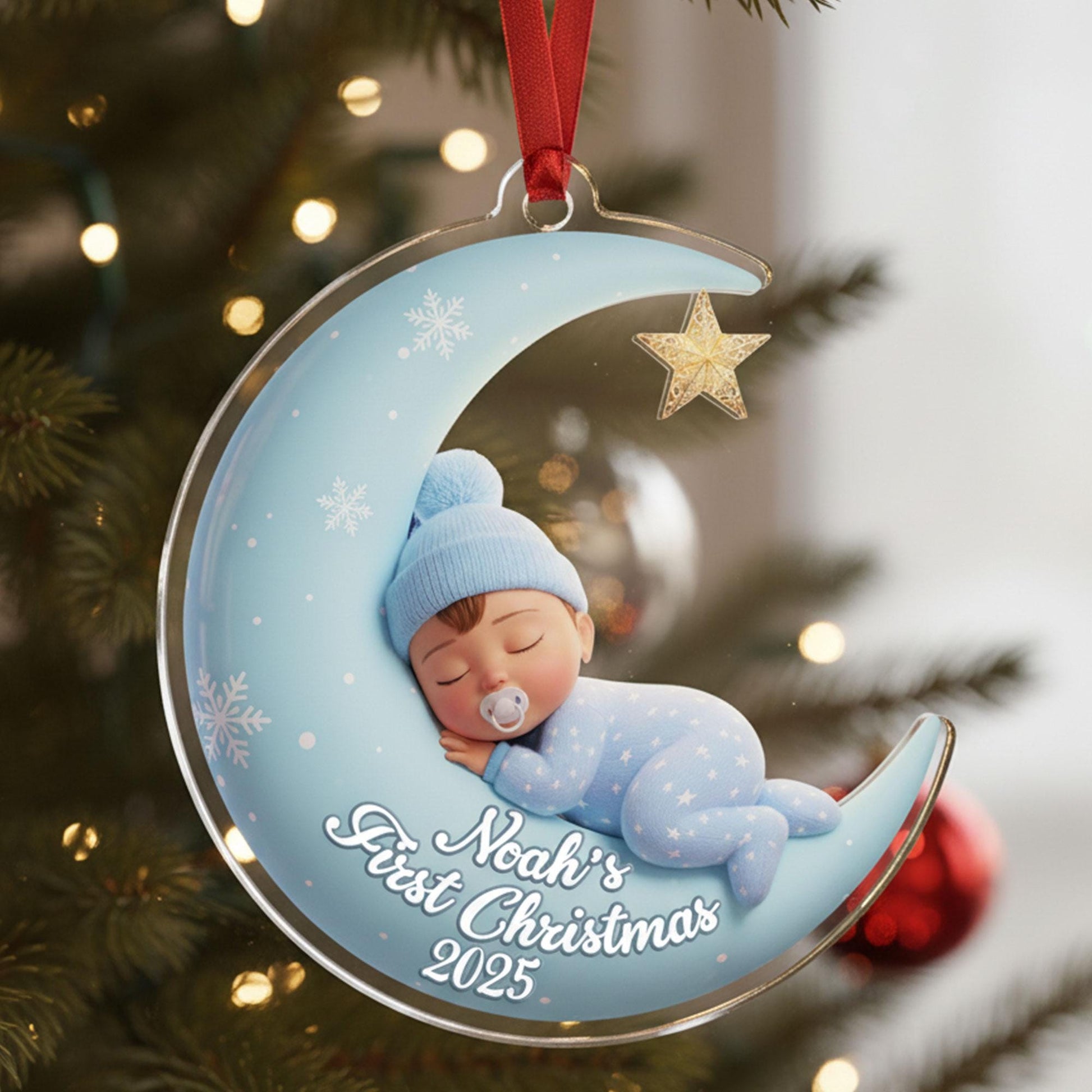Custom Baby First Christmas Ornament: Personalized Crescent Moon Keepsake, Infant Holiday 2025 Newborn Gift