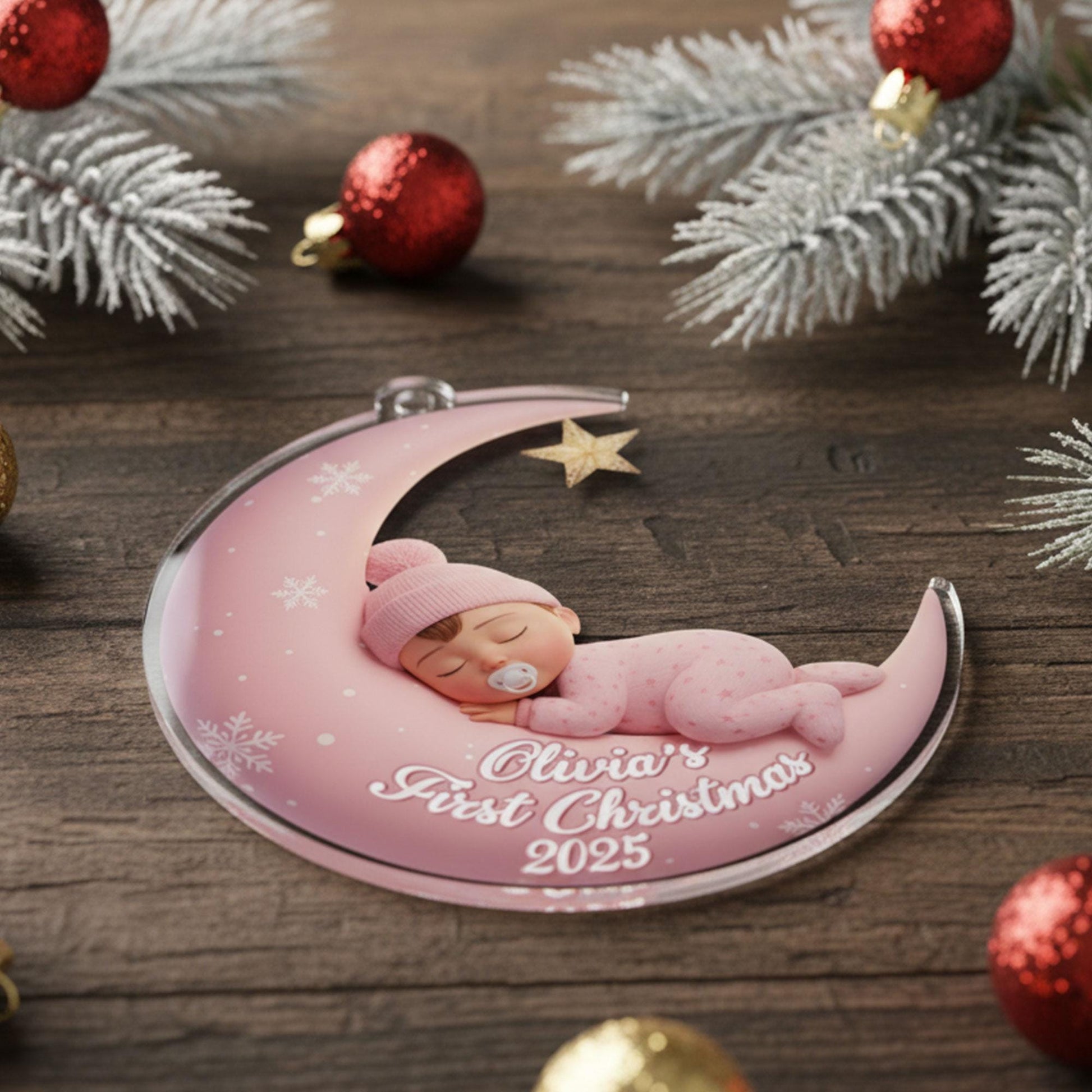 Custom Baby First Christmas Ornament: Personalized Crescent Moon Keepsake, Infant Holiday 2025 Newborn Gift