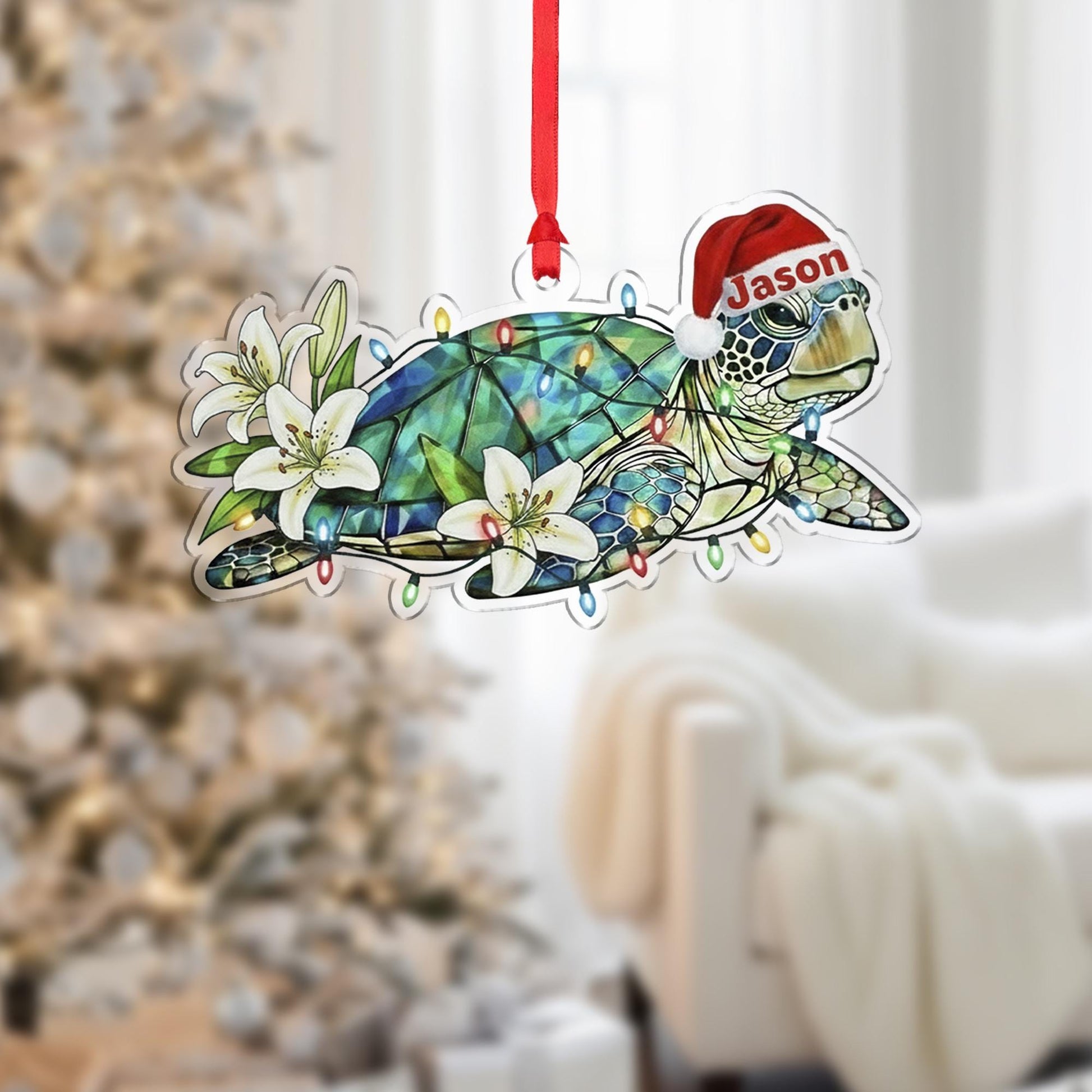 Personalized Acrylic Sea Turtle Ornament: Tree Decor, Custom Coastal Holiday Decoration