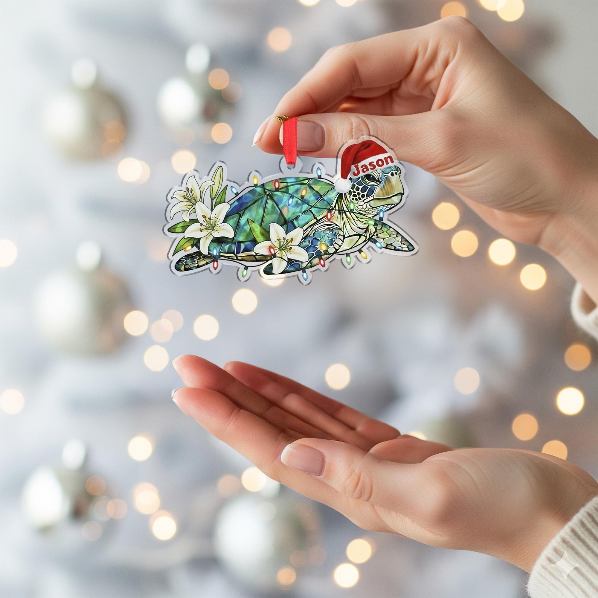 Personalized Acrylic Sea Turtle Ornament: Tree Decor, Custom Coastal Holiday Decoration