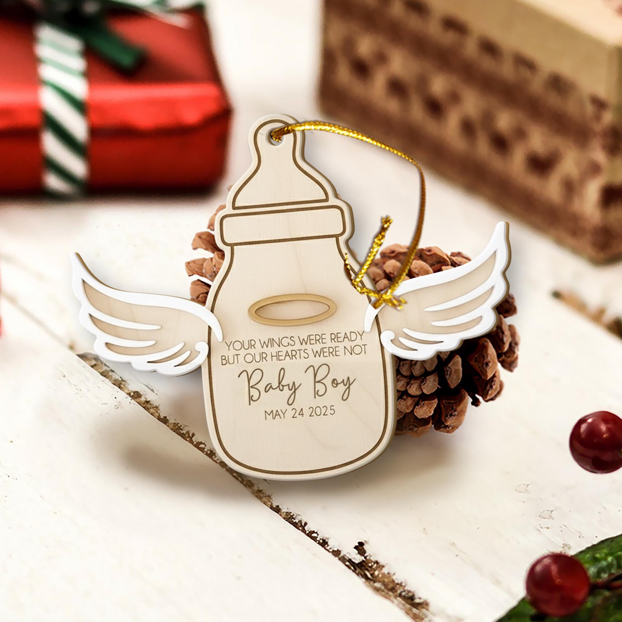 Personalized Wood Infant Memorial Ornament: Angel Wings Bereavement Keepsake, Custom Baby Loss Sympathy Decor