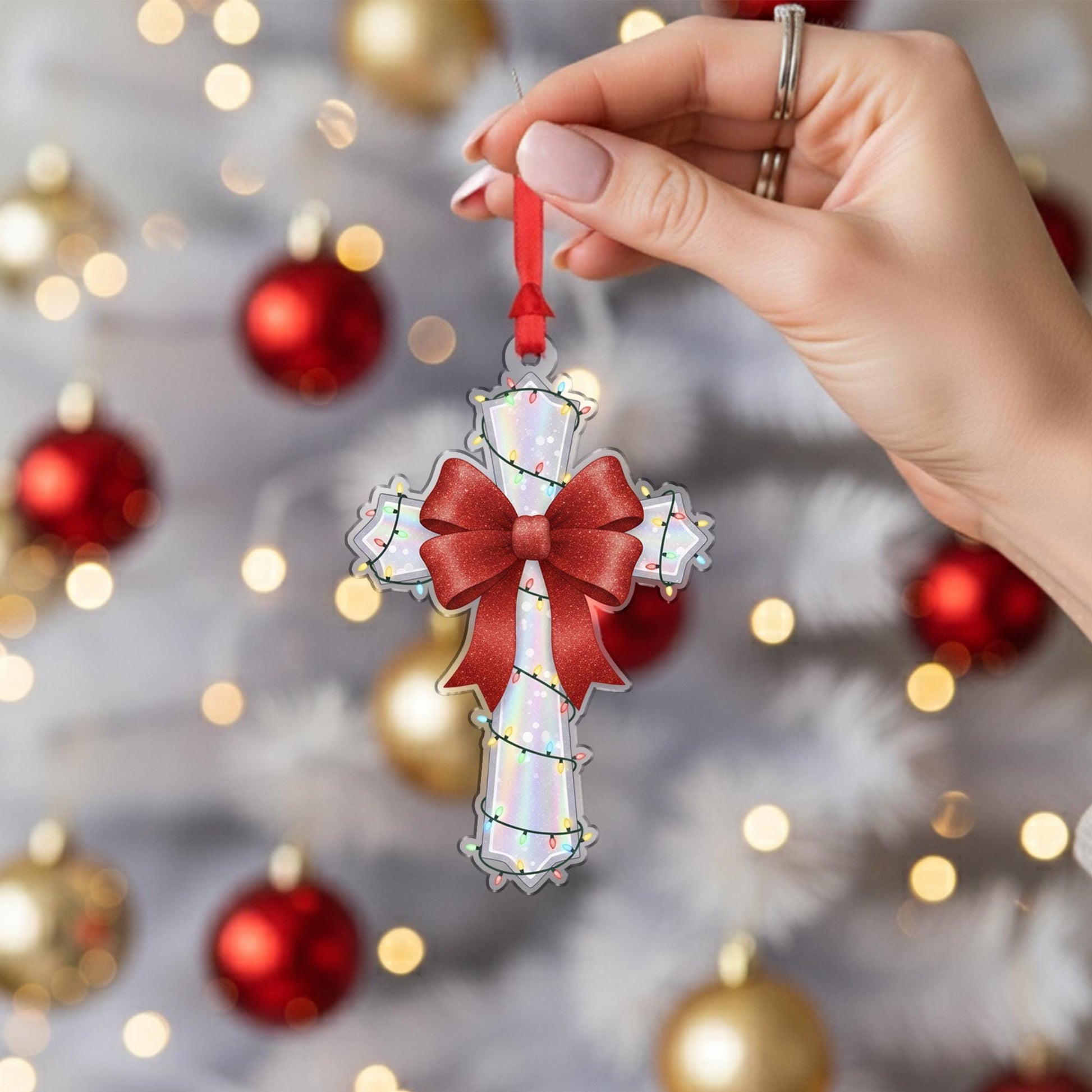 Acrylic Cross Ornament – Red Bow Christmas Tree Decoration, Religious Holiday Cross with Lights