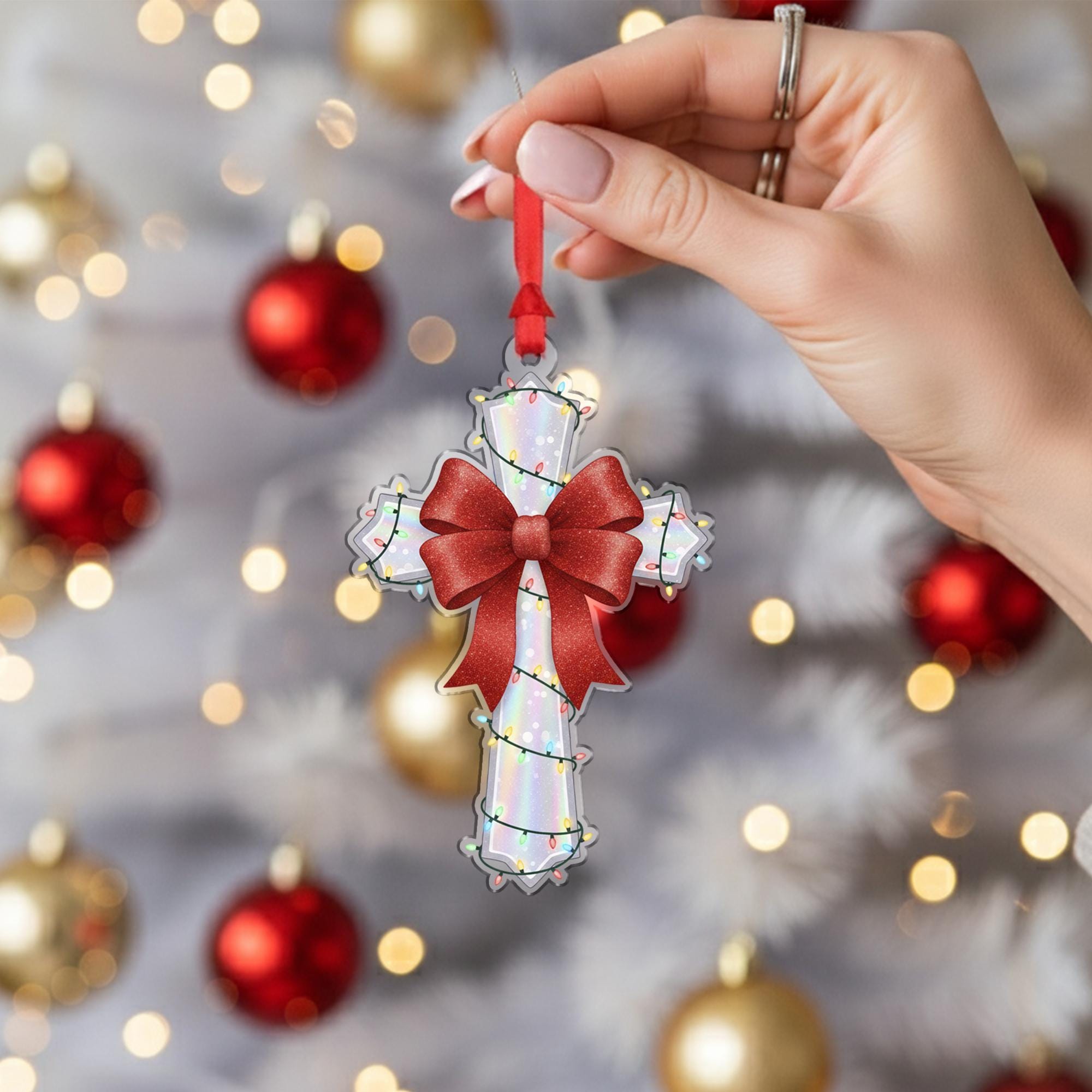 Acrylic Cross Ornament – Red Bow Christmas Tree Decoration, Religious Holiday Cross with Lights