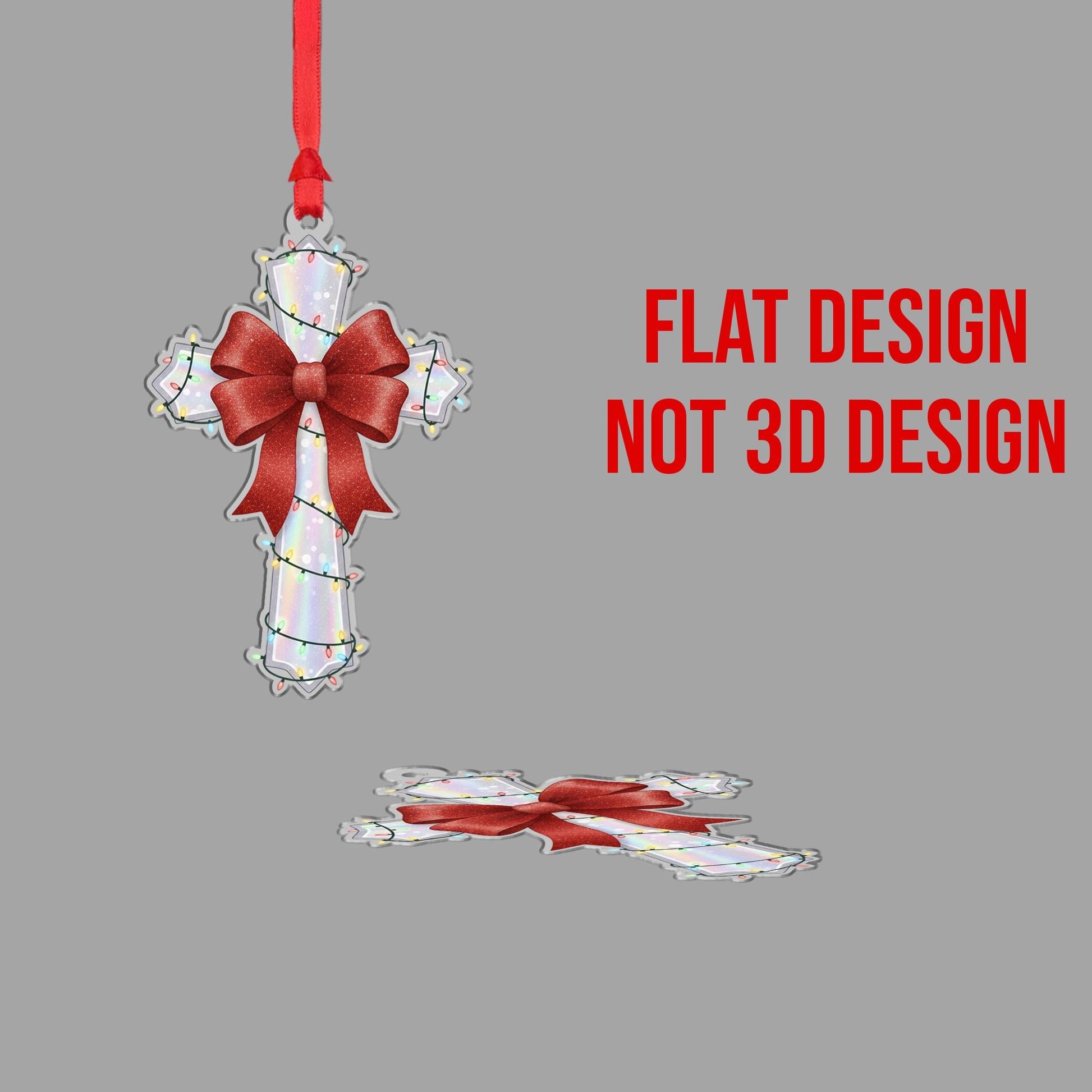 Acrylic Cross Ornament – Red Bow Christmas Tree Decoration, Religious Holiday Cross with Lights