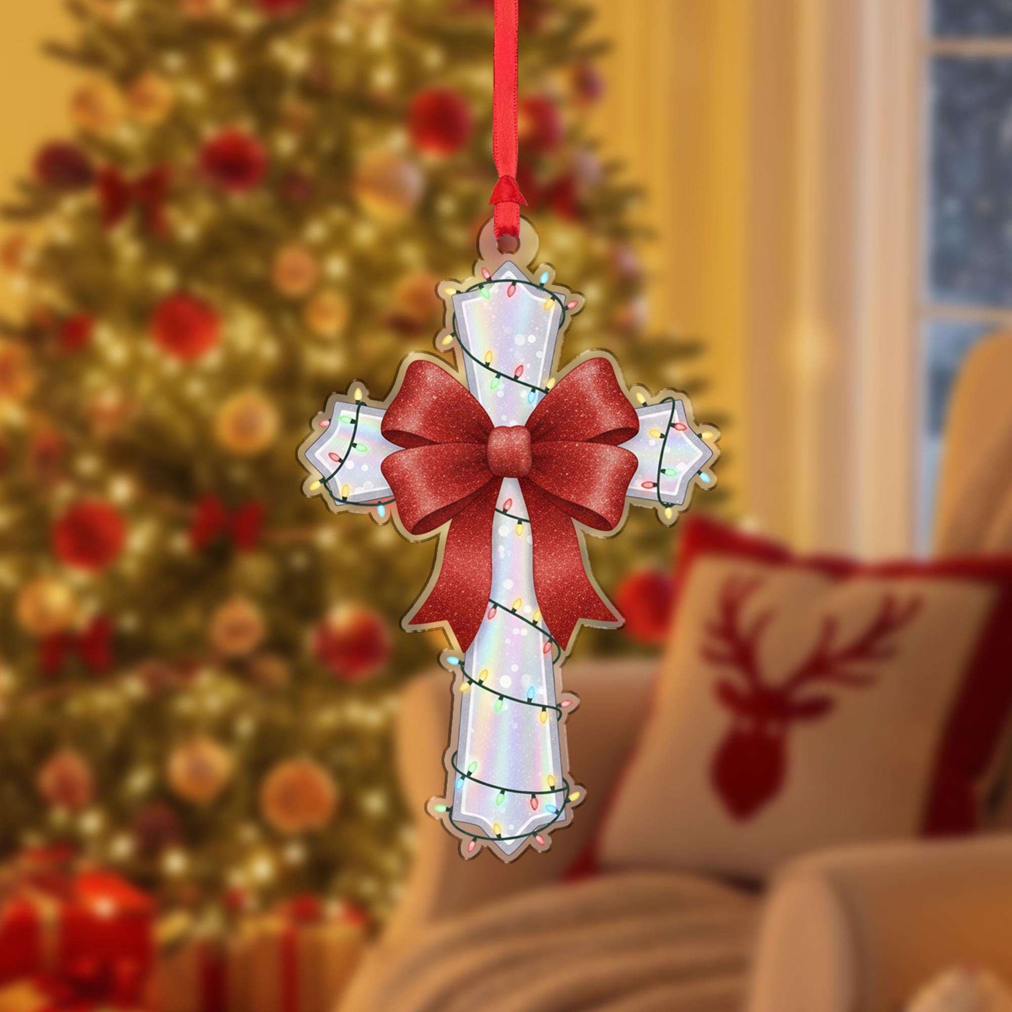 Acrylic Cross Ornament – Red Bow Christmas Tree Decoration, Religious Holiday Cross with Lights