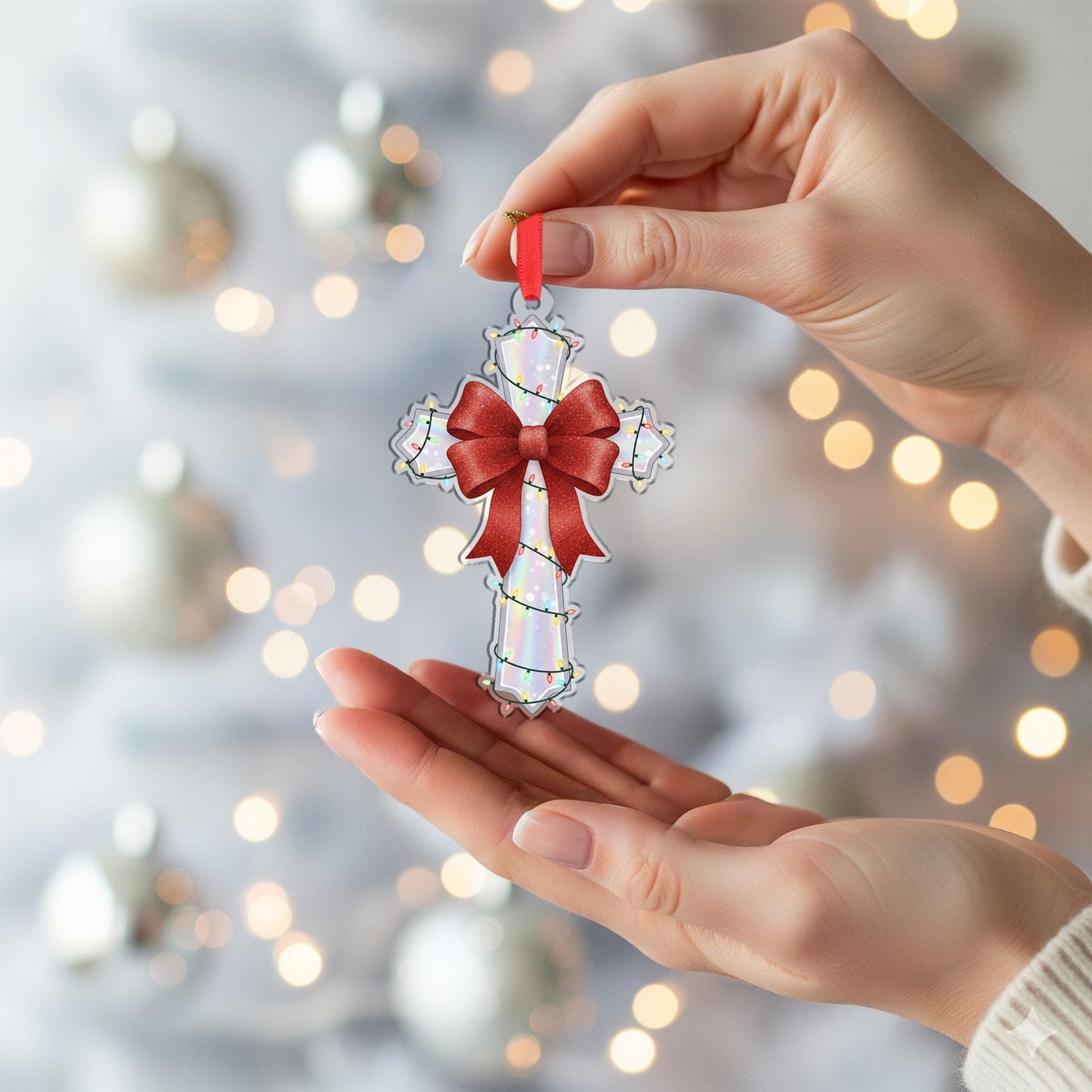 Acrylic Cross Ornament – Red Bow Christmas Tree Decoration, Religious Holiday Cross with Lights