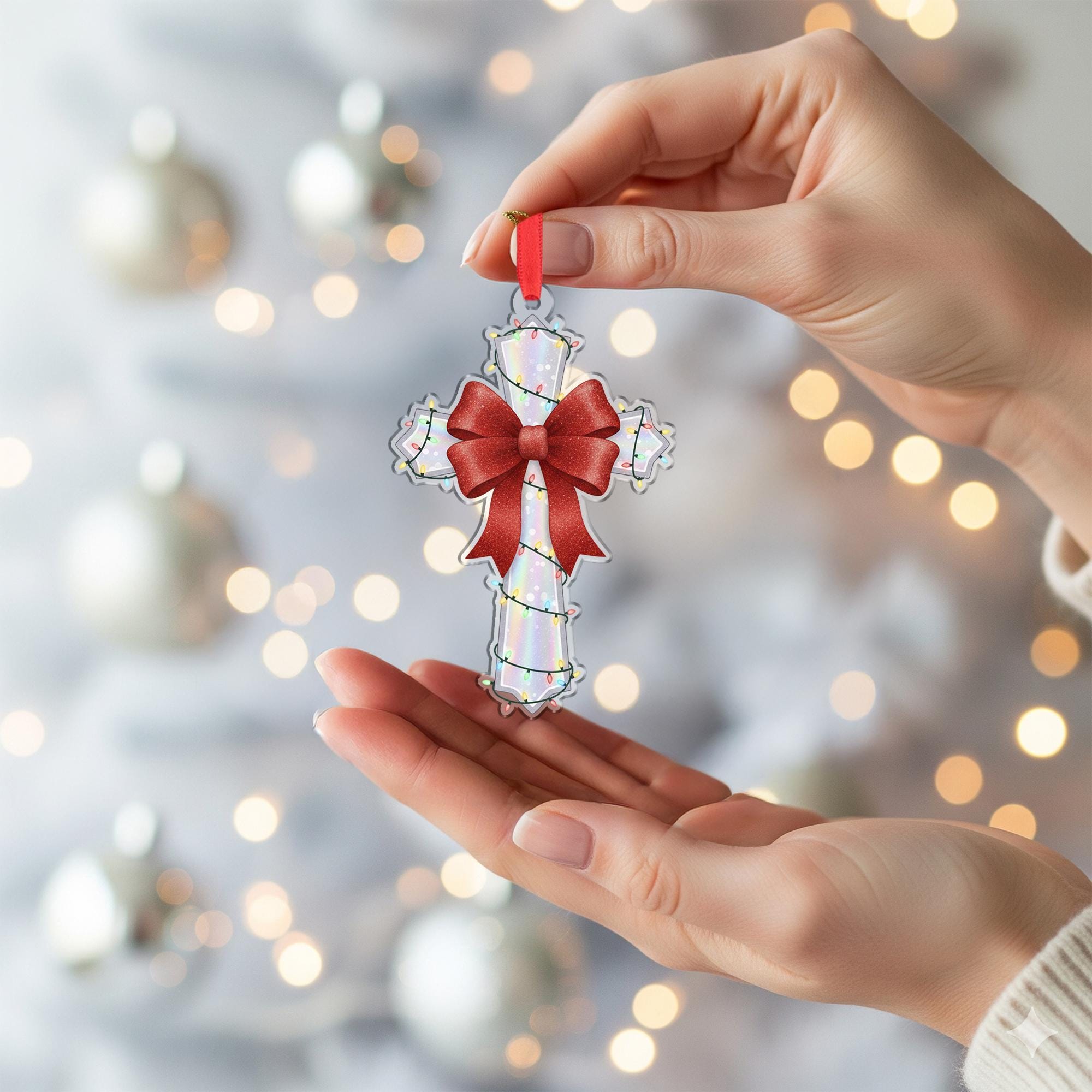 Acrylic Cross Ornament – Red Bow Christmas Tree Decoration, Religious Holiday Cross with Lights