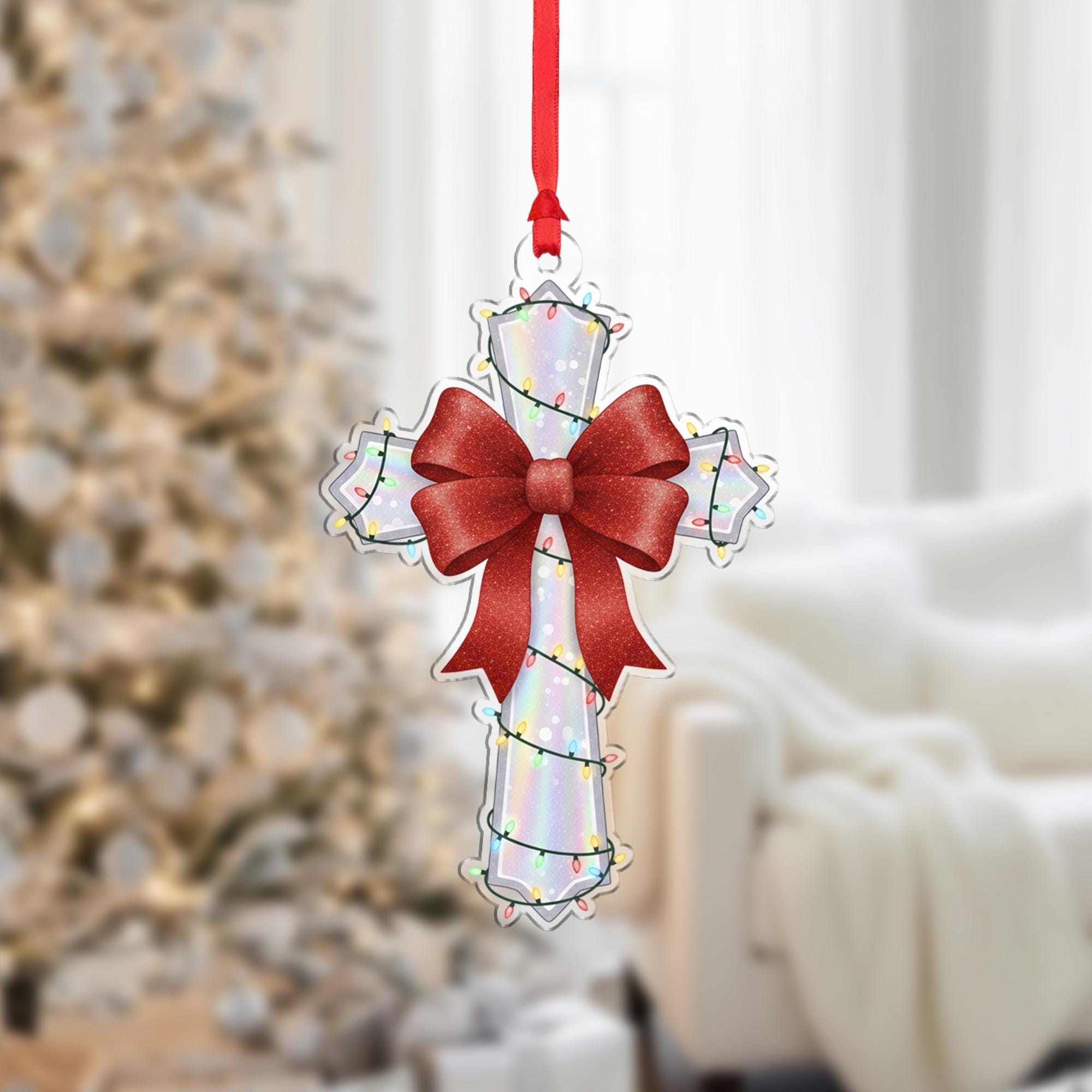 Acrylic Cross Ornament – Red Bow Christmas Tree Decoration, Religious Holiday Cross with Lights