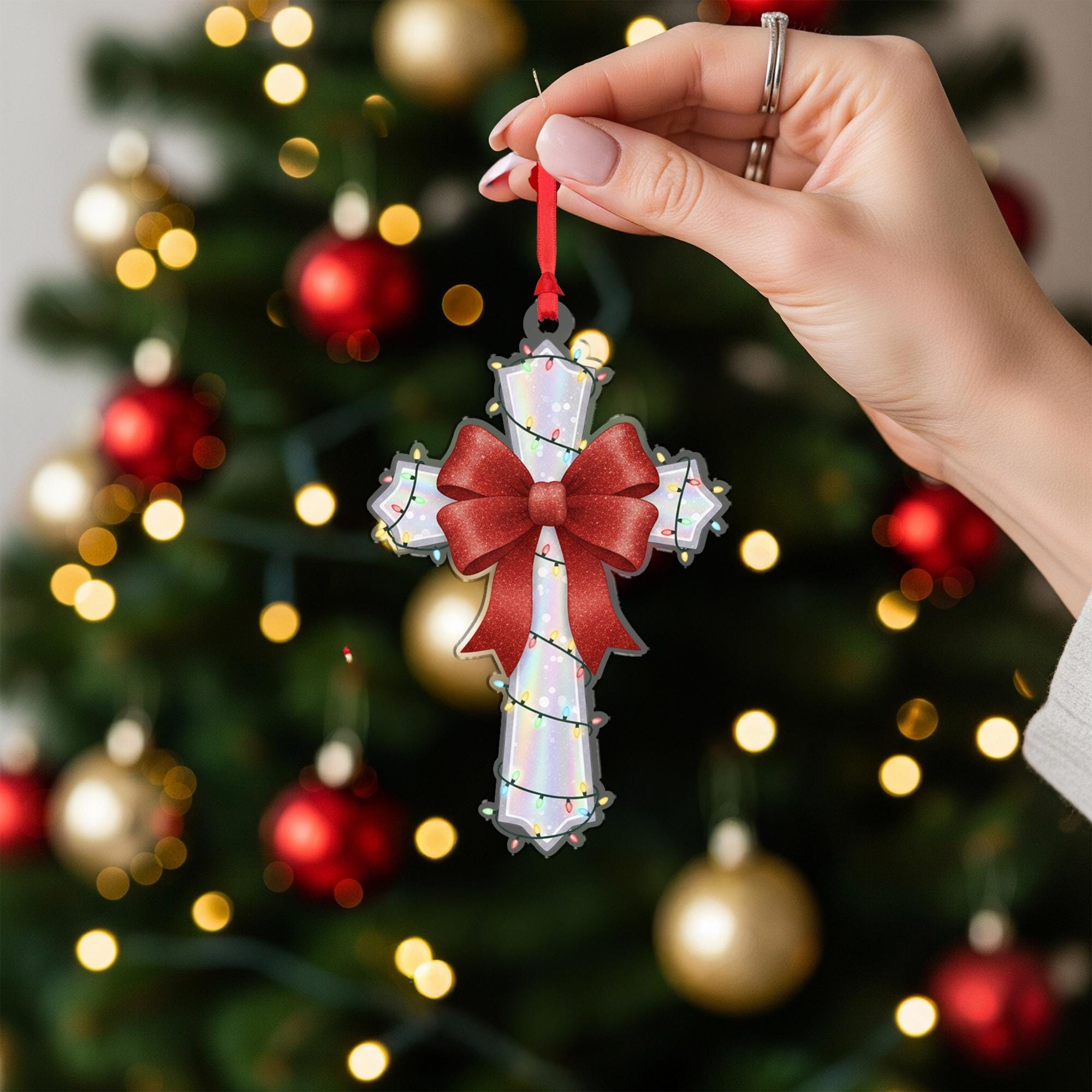 Acrylic Cross Ornament – Red Bow Christmas Tree Decoration, Religious Holiday Cross with Lights