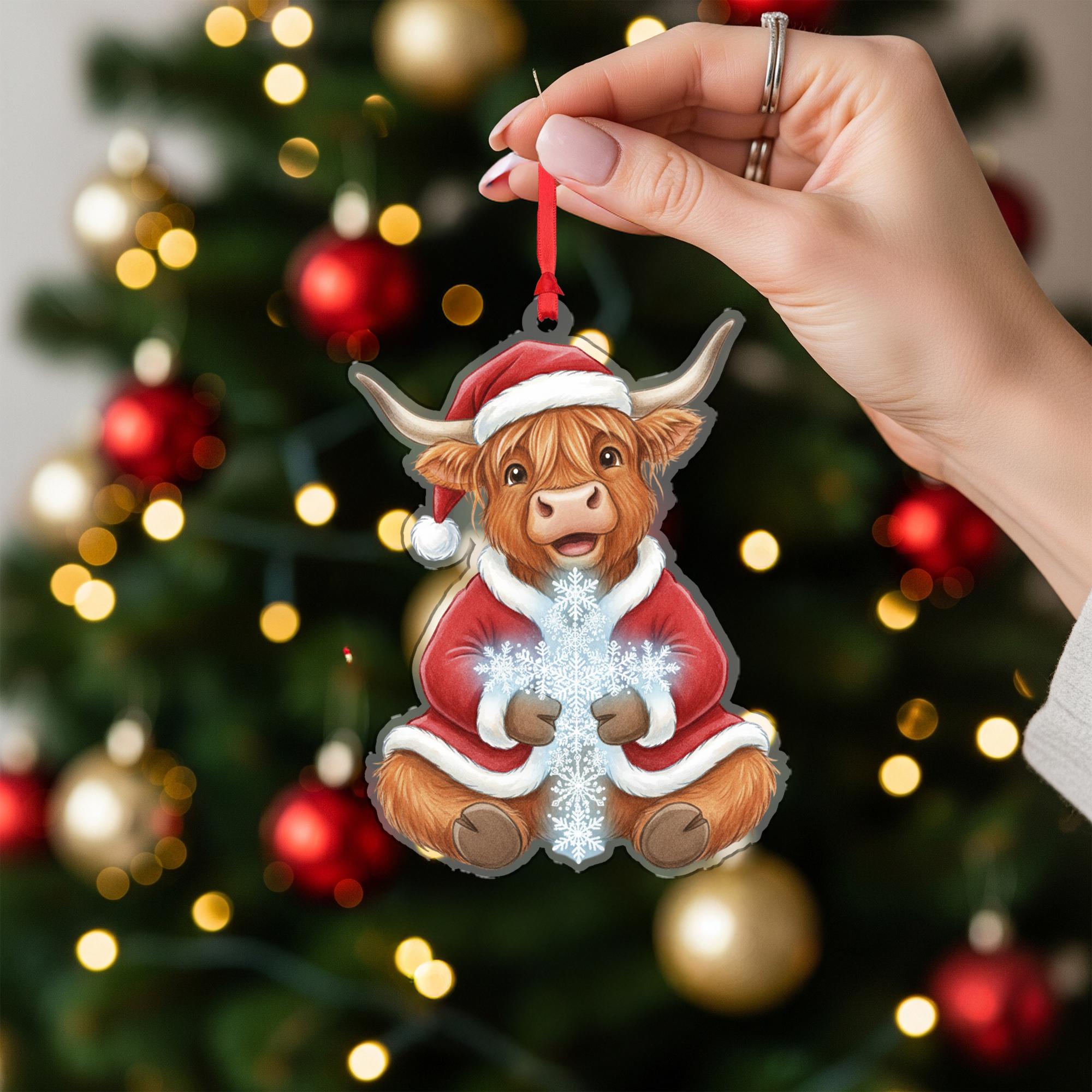 Highland Cow Ornament – Santa Suit Christmas Tree Decoration, Farm Animal Holiday Acrylic Ornament