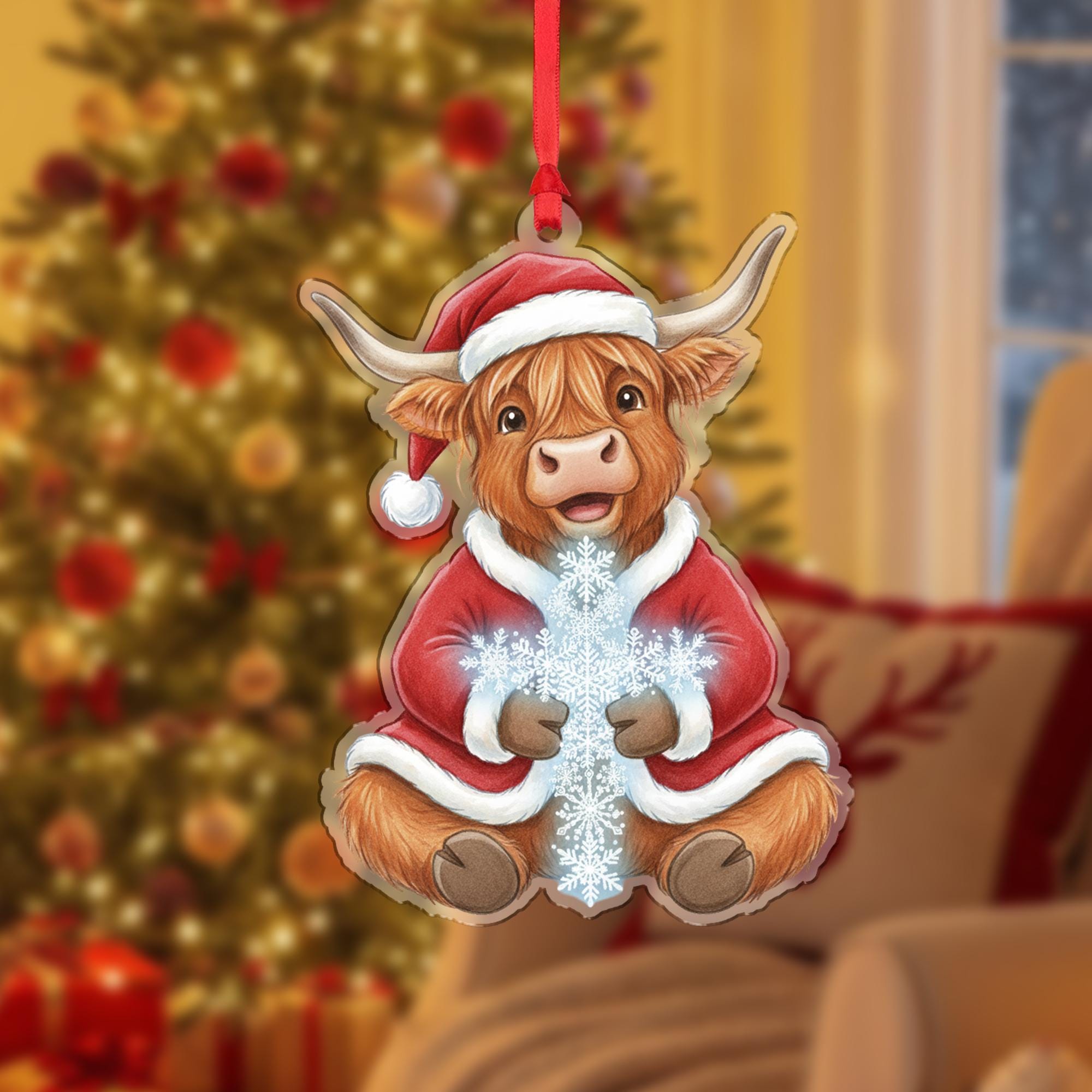 Highland Cow Ornament – Santa Suit Christmas Tree Decoration, Farm Animal Holiday Acrylic Ornament
