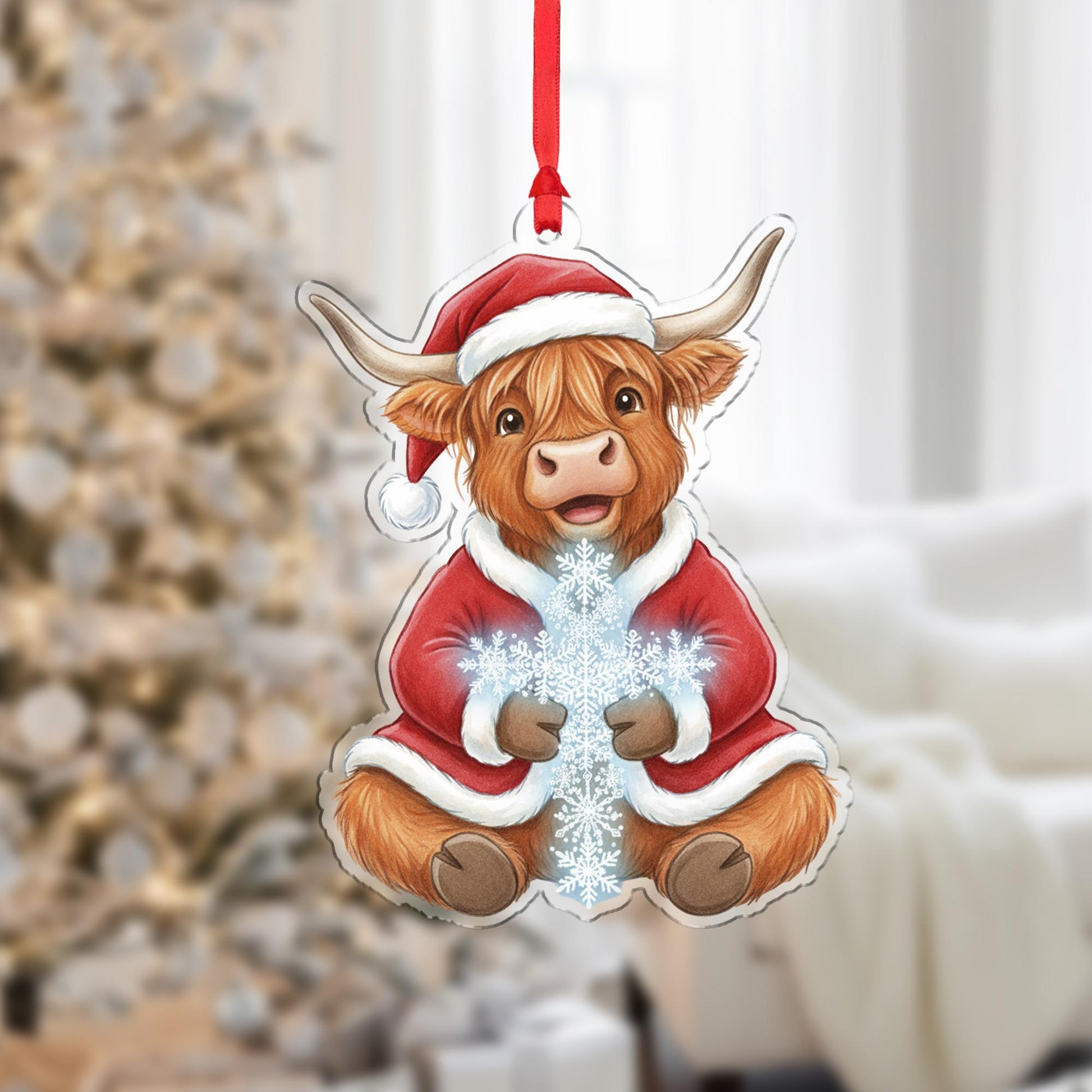 Highland Cow Ornament – Santa Suit Christmas Tree Decoration, Farm Animal Holiday Acrylic Ornament