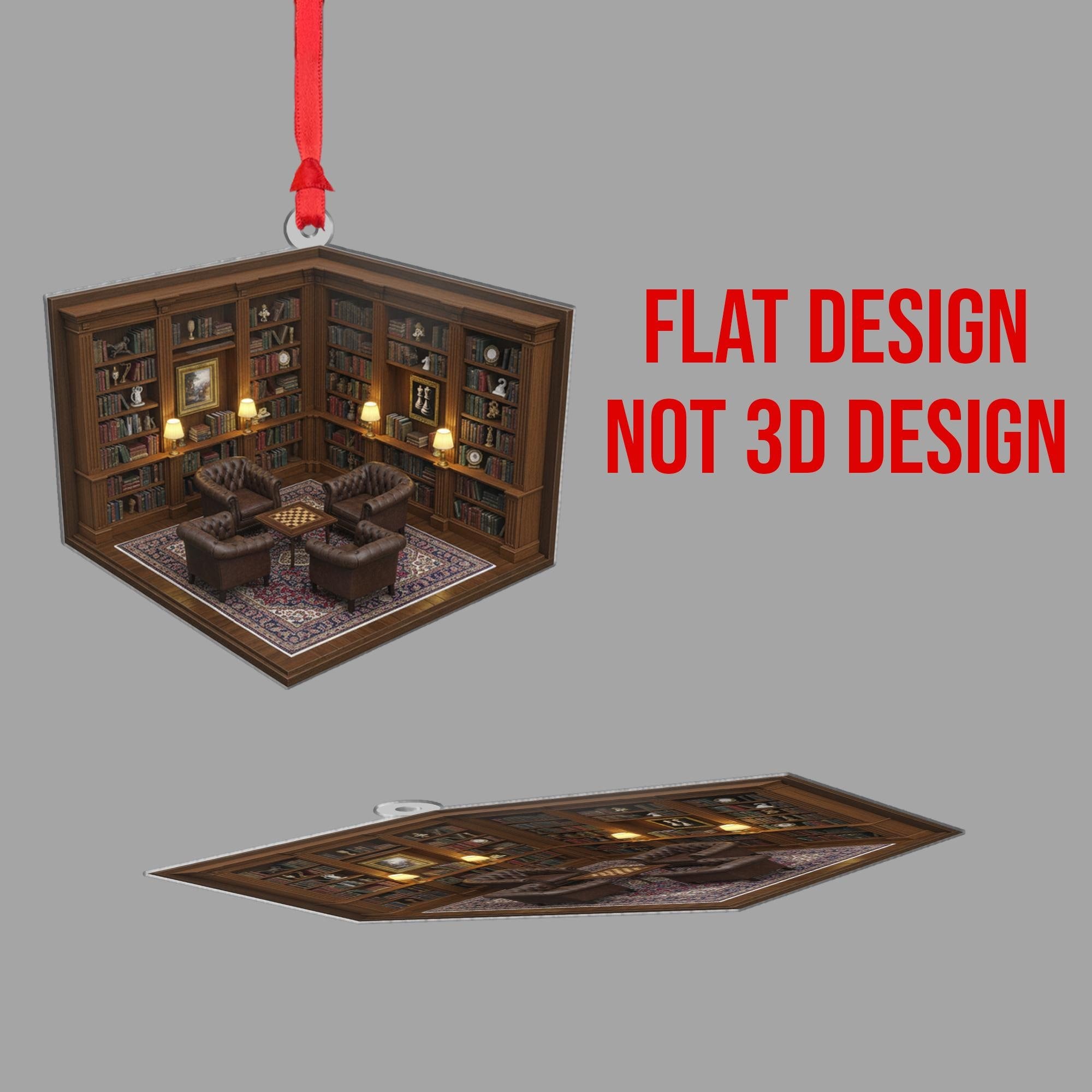 Library Room Ornament – Book Lover Christmas Tree Decoration, Mini Study Acrylic Ornament