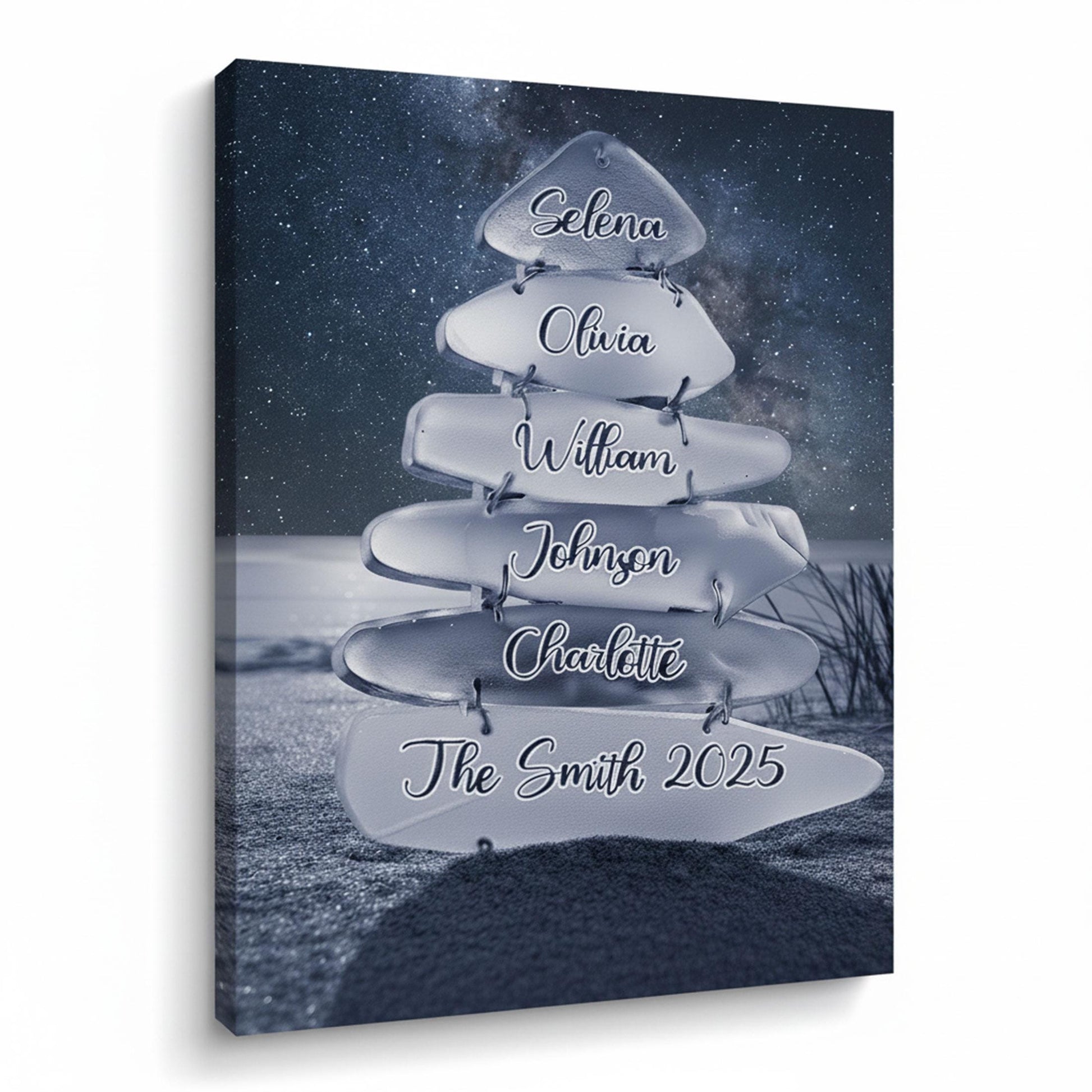 Personalized Beach Sunset Family Canvas: Sea Glass Wall Art, Custom Names, Coastal Home Decor