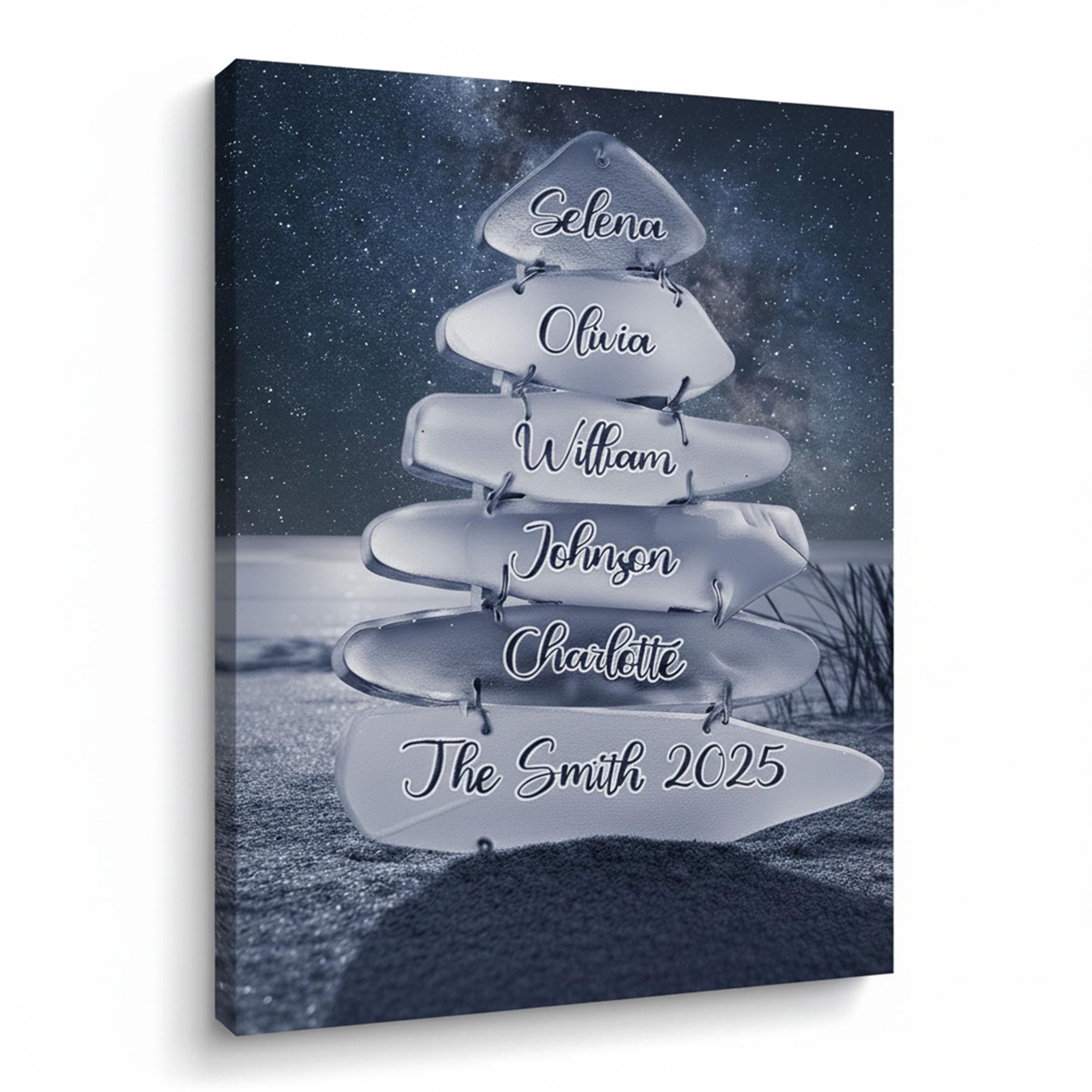 Personalized Beach Sunset Family Canvas: Sea Glass Wall Art, Custom Names, Coastal Home Decor