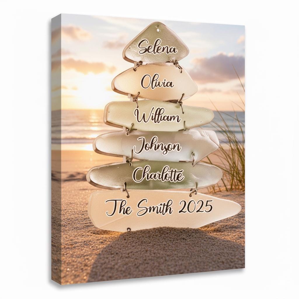 Personalized Beach Sunset Family Canvas: Sea Glass Wall Art, Custom Names, Coastal Home Decor