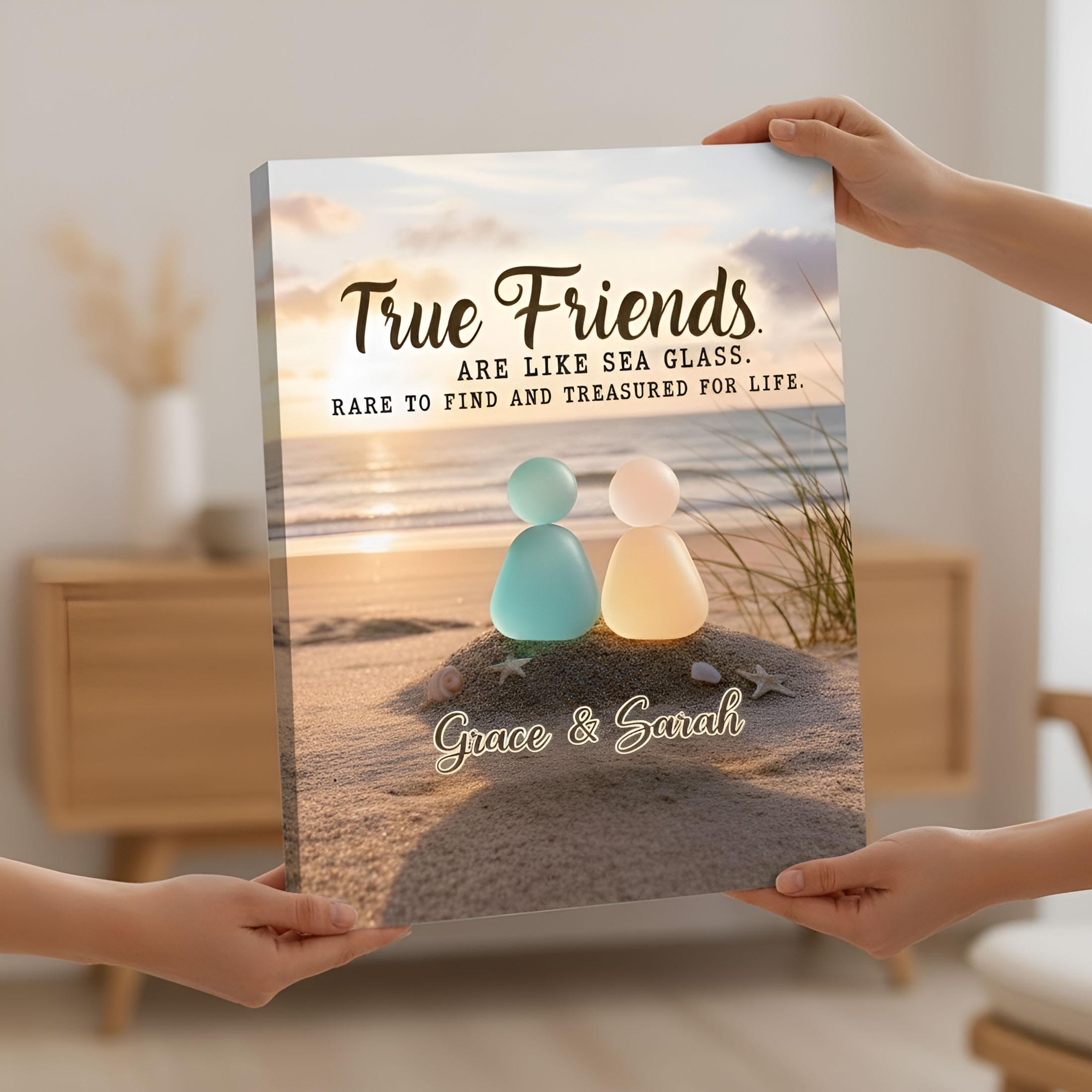 Custom Friendship Sea Glass Canvas: Personalized Beach Sunset Wall Art, True Friends Keepsake
