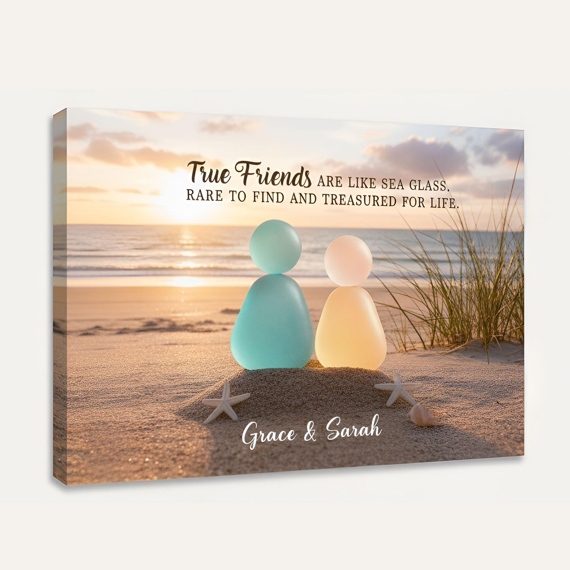 Custom Friendship Sea Glass Canvas: Personalized Beach Sunset Wall Art, True Friends Keepsake