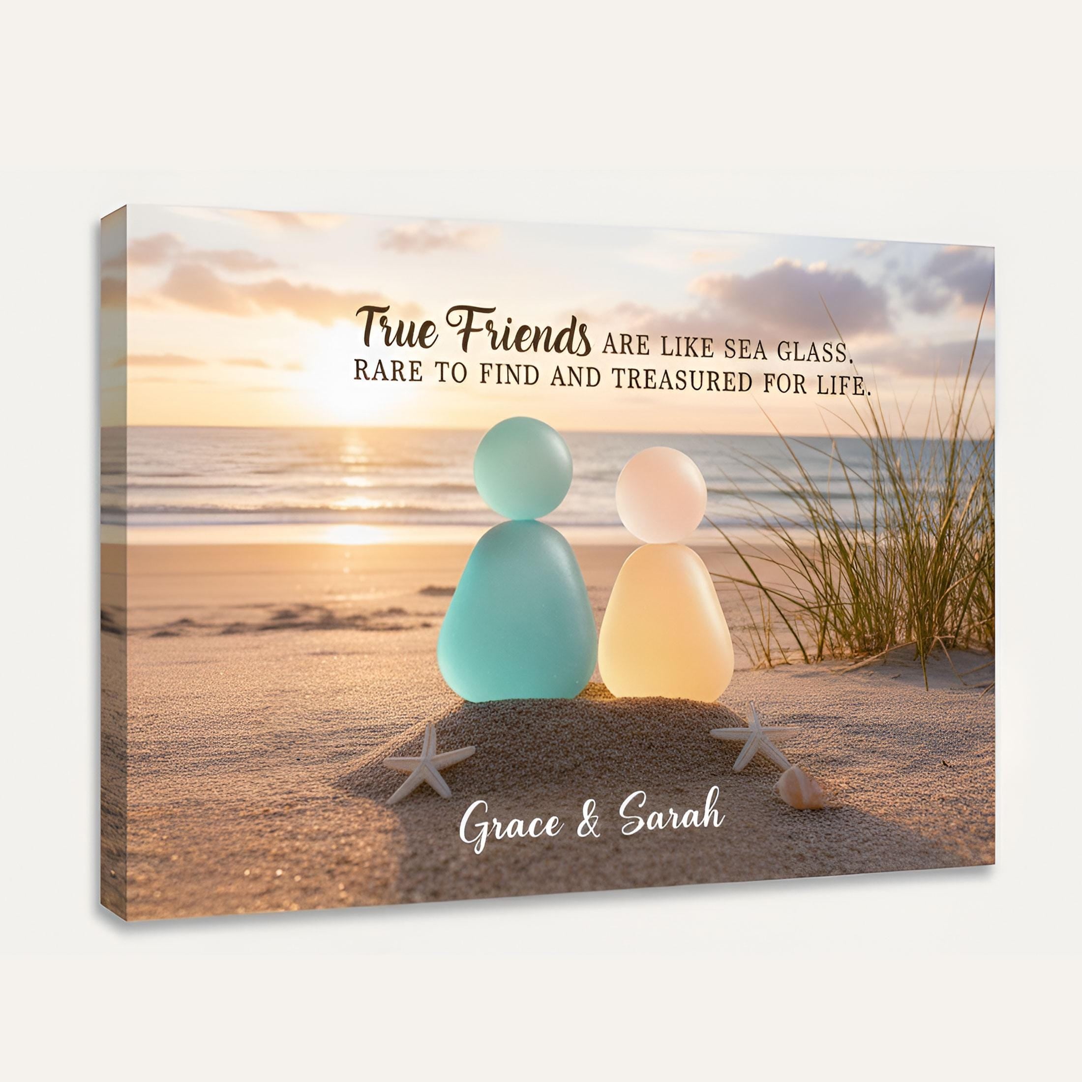 Custom Friendship Sea Glass Canvas: Personalized Beach Sunset Wall Art, True Friends Keepsake