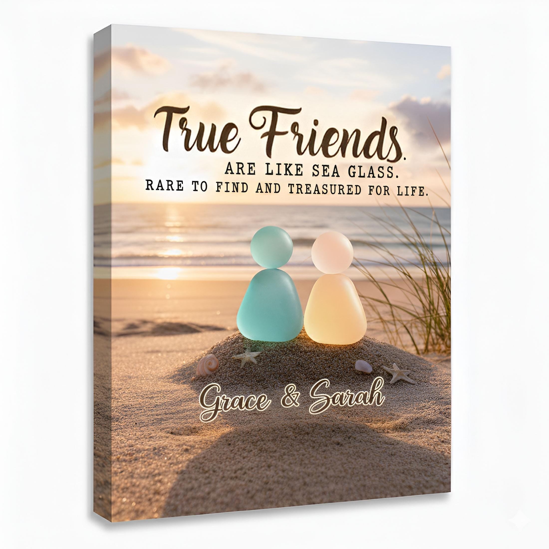 Custom Friendship Sea Glass Canvas: Personalized Beach Sunset Wall Art, True Friends Keepsake