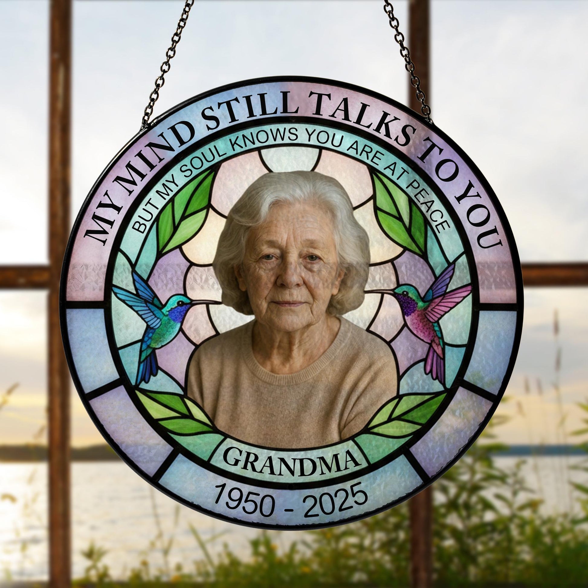 Memorial Photo Glass Suncatcher, Custom Name & Dates, Round Hummingbird Window Hanging