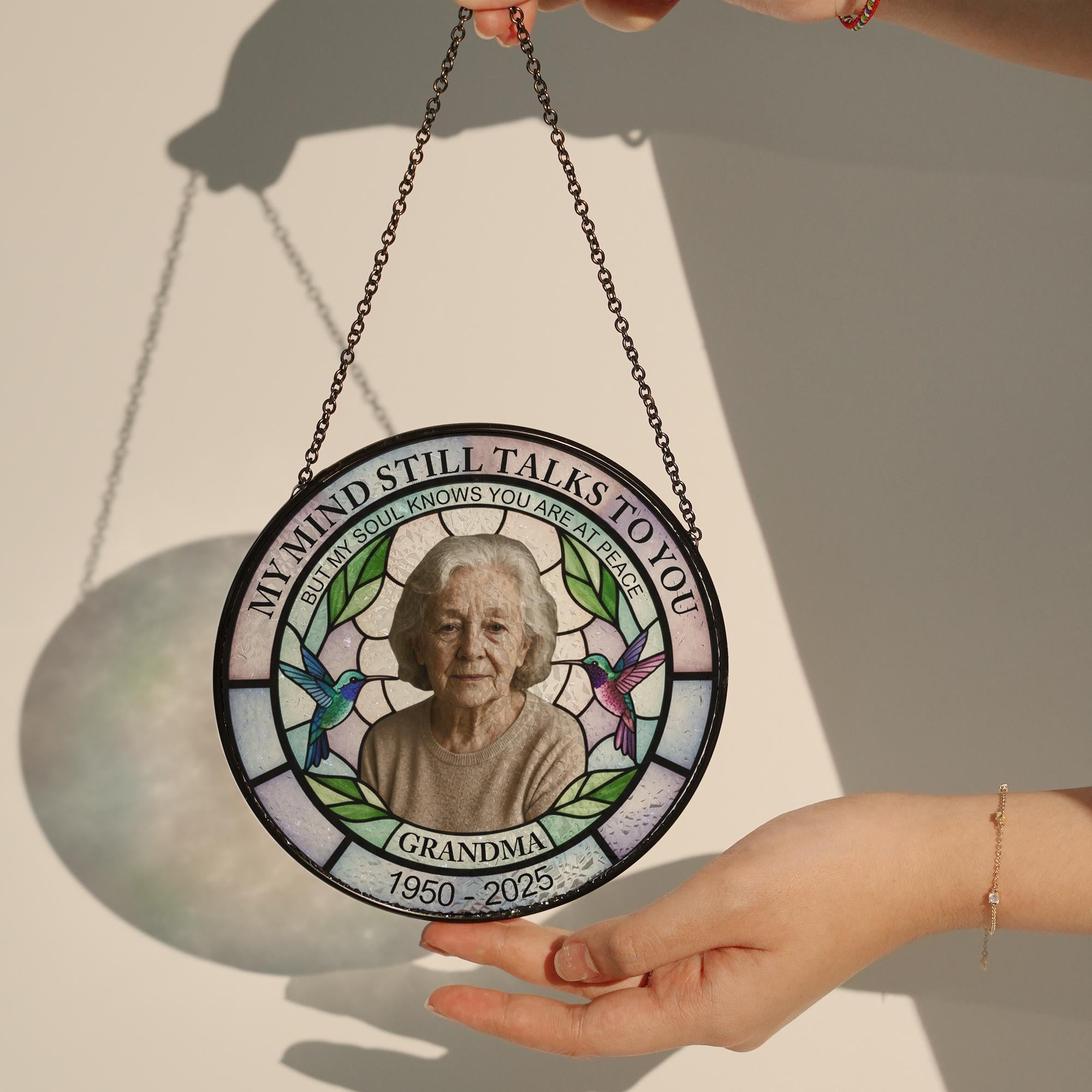 Memorial Photo Glass Suncatcher, Custom Name & Dates, Round Hummingbird Window Hanging