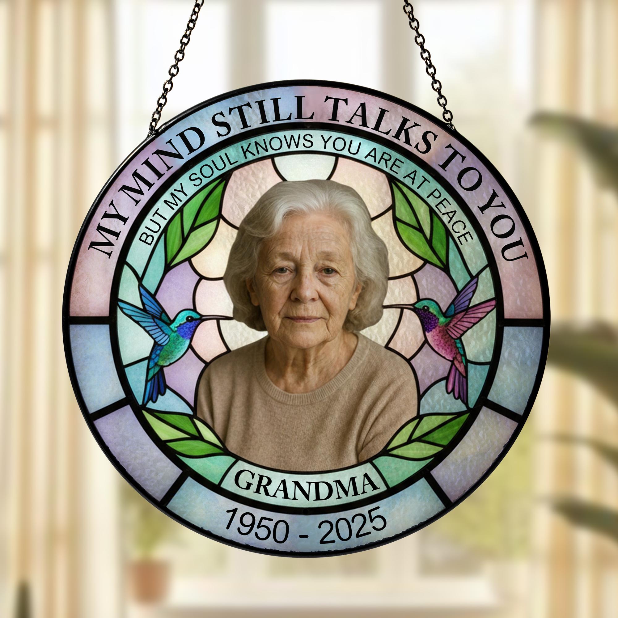 Memorial Photo Glass Suncatcher, Custom Name & Dates, Round Hummingbird Window Hanging