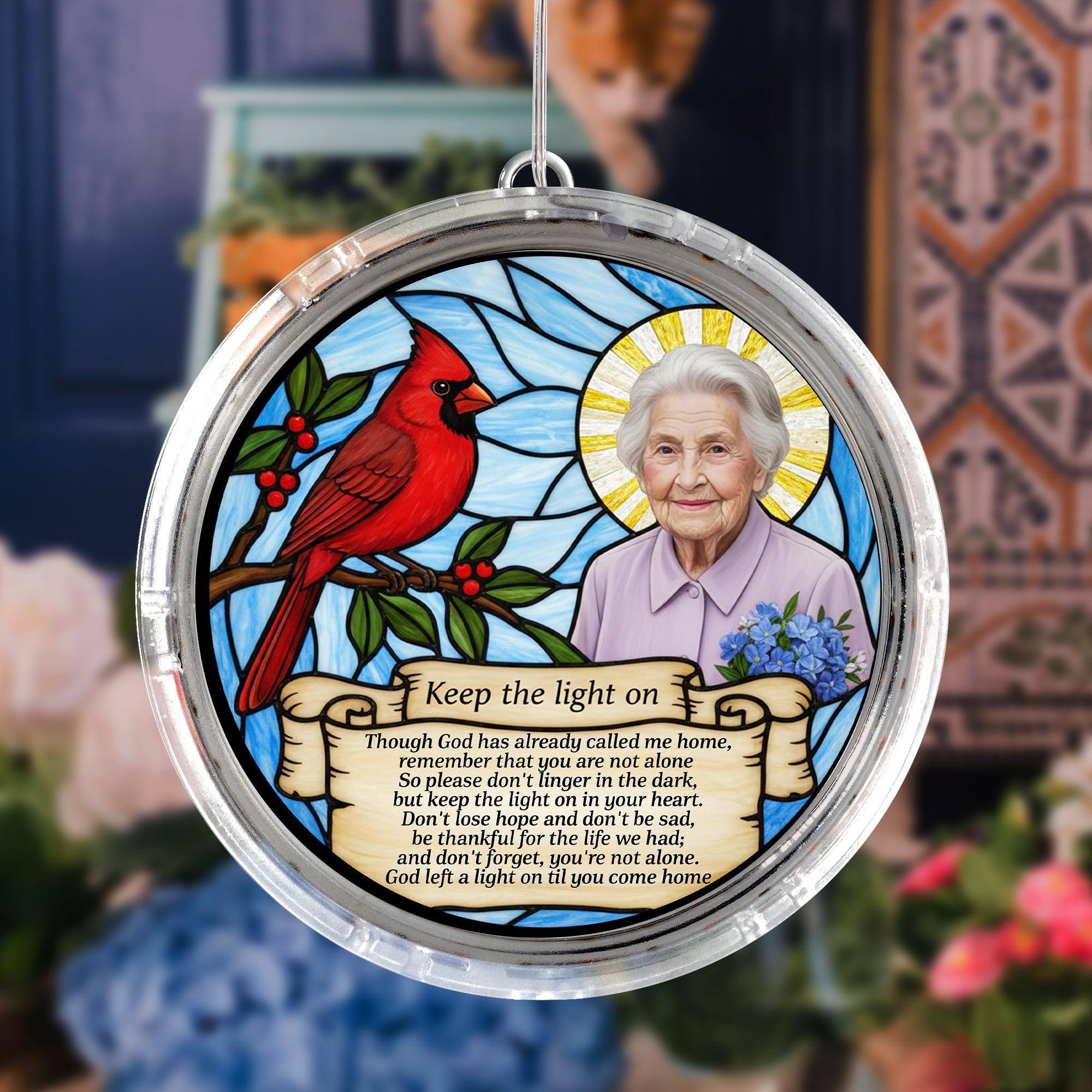 Personalized Memorial LED Suncatcher – Window Hanging Keepsake – “Keep the Light On” Tribute Gift